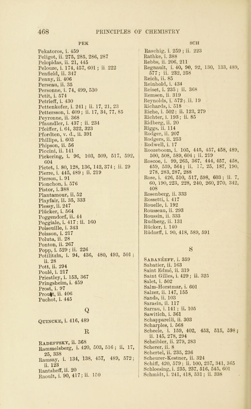 РЕК Pekatoros, i. 459 Peligot, ii. 275, 285, 286, 287 Pelopidas, ii. 21, 445 Pelouze, i. 174, 457, 601 ; ii. 222 Penfield, ii. 347 Penny, ii. 406 Perseau, ii. 35 Personne, i. 74, 499, 530 Petit, i. 574 Petrieff, i. 430 Pettenkofer, i. 241; ii. 17, 21, 23 Pettersson, i. 609; ii. 17, 34, 77, 85 Peyronne, ii. 368 Pfaundler, i. 437 ; ii. 234 Pfeiffer, i. 64, 322, 323 Pfordten, v. d., ii. 391 Phillips, i. 603 Phipson, ii. 56 Piccini, ii. 141 Pickering, i. 96, 103, 509, 517, 592, 604 Pictet, i. 80, 128, 136, 142, 374 ; ii. 29 Pierre, i. 445, 489 ; ii. 219 Pierson, i. 91 Pionchon, i. 576 Pistor, i. 388 Plantamour, ii. 52 Playfair, ii. 35, 333 Plessy, ii. 247 Pliicker, i. 564 Poggendorf, ii. 44 Poggiale, i. 417 ; ii. 160 Poiseuille, i. 343 Poisson, i. 217 Poluta, ii. 28 Ponton, ii. 267 Popp, i. 529 ; ii. 226 Potilitzin, i. 94, 436, 480, 493, 501 ; ii. 28 Pott, ii. 294 Poule, i. 217 Priestley, i. 153, 367 Pringsheim, i. 459 Prost, i. 97 Prou|t, ii. 406 Puchot, i. 445 Q Quincke, i. 416, 489 E, Radeffsky, ii. 368 Rammelsberg, i. 420, 503, 516 ; ii. 17, 25, 338 Ramsay, i. 134, 138, 457, 489, 572; ii. 123 Rantsheff, ii. 20 Raoult, i. 90, 417; ii. 150 sen 1 Raschig. i. 259 ; ii. 223 Rathke, i. 388 Rebbs, ii. 206, 211 Regnault, i. 40, 90, 92, 130, 133, 489, 577 ; ii. 232, 258 Reich, ii. 85 Reinhold, i. 434 Reiset, i. 235 ; ii. 368 Remsen, ii. 319 Reynolds, i. 572; ii. 19 Richards, i. 518 Riche, i. 502; ii. 123, 279 Richter, i. 193 ; ii. 85 Ridberg, ii. 20 Riggs, ii. 114 Rodger, ii. 207 j Rodgers, ii. 253 1 Rod well, i. 17 Roozeboom, i. 105, 445, 457, 458, 489, 500, 508, 589, 604 ; ii. 219 Roscoe, i. 99, 265, 367, 444, 457, 458, 459, 559, 564; ii. 17, 25, 187, 190, 278, 283, 287, 288 Rose, i. 426, 510, 517, 598, 603 ; ii. 7, 60, 190,223, 228, 240, 260, 270, 342, 408 Rosenberg, ii. 333 Rossetti, i. 417 Rouelle, i. 192 Rousseau, ii. 293 Roussin, ii. 333 Rudberg, ii. 131 Rucker, i. 140 Rudorff, i. 90, 418, 589, 591 s Sabaneeff, i. 359 Sabatier, ii. 163 Saint Edme, ii. 319 Saint Grilles, i. 429 ; ii. 325 Salet, i. 502 Salm-Horstmar, i. 601 Salzer, ii. 147, 155 Sands, ii. 103 Sarasin, ii. 117 Sarrau, i. 141 ; ii. 105 Sawitich, i. 361 Schapparelli, ii. 303 Scharples, i. 568 Scheele, i. 159, 402, 453, 515, 598; ii. 145, 278, 294 Scheibler, ii. 279, 283 Scherer, ii. 8 Schertel, ii. 235, 236 Scheurer-Kestner, ii. 324 Schiff, 420, 579; ii. 100, 257, 341, 365 Schloesing, i. 235, 237, 516, 545, 601 Schmidt, i. 241, 418, 531 ; ii. 338