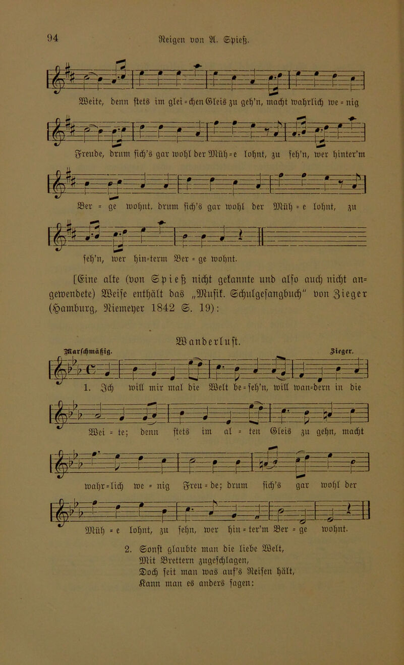 ::4=—t=t— =rt- * :i=: m }==t== m SGcite, benn ftctS im glci = eben ©teig 31t geb’n, macht mabrticb me = nig C/ a*^ —- (Jreube, brum fidj’3 gar )nof)t bcr 9MI) = e Iof)nt, %\i felj'n, mer fjintcr’m ¥ -»- :f: o * 3=t =i===± £ m -*- T- iS 1 Ser = ge mobnt, bntm ficf>’§ gar mot)t ber Stiit) = e Iot)nt, 31t fetpn, mer t)in=term Ser = ge mobnt. [Sitte atte (Don ©pief) nicht gelaunte unb alfo auch iticf)t an= getnenbete) SBeife enthält ba§ „SJtujtf. ©ebutgefangbuef) tooit 3^ger (Hamburg, Stiemeber 1842 ©. 19): 2SIorfifiinögi(j. Söanberluft. Sieger- 1 /?“(J^r /V “i p _ * # -4—■ -,--£3 I hfc J. P l • ~3 _B=Et 5- 1. Qd; miß mir mal bie Sielt be = fef)’n, miß man=bern in bie [• Q , b | —d rJr-wn H i 9 n ß‘ a kJ ß l/PPCF b K> 2 2 9 tw ^ —1 0 <J—J —P- P “ 1 = Söei = te; benn ftetä im at = ten ©teig 31t gehn, matf)t F#kk * *—i— • ^ »f * c—-) n&rk ~ t? t : =t - t=^ -m Pf: 1= r=g maf)r = Iid) me = nig fjreu = be; brum fidj’g gar mof)I ber i—ß— b • —; 0 Nj : i 1 frb—>- I- 1 f r —w ”1 p* » J t!Q2 ^ •- t= —1 ——r~—5—L_1 gj——© Stüh = e lohnt, ju fet)n, mer t)iu = ter’m Ser = ge mobnt. 2. ©onft glaubte man bie liebe 2Mt, DJtit Srettern 3ugcfd)tagcn, ®od; feit man mag auf’g Steifen t)ätt, ßann man eg anberg fagen: