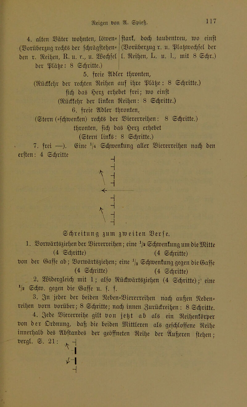 4. alten Väter mohnten, £ötüen= ftarl, bod) taubentreu, tbo einft (Voritbergug redjtS ber fdjrägftehen= (Vorübergug r. u. 'f-daiüuechfel ber ben x. Dteifjen, R. u. r., u. 2Bed)fel 1. Ifteifjen, L. u. 1., mit 8 ©d)r.) ber ipiäije: 8 ©dritte.) 5. freie Slbler thronten, Otiidfeljr ber redjten 9tcil)en auf if)re ipiätje: 8 ©dritte.) ftd) baS §erj ergebet frei; tbo einft (URüdleljr ber linfen 9teif)en: 8 ©dritte.) 6. freie Slbler thronten, (©tern (=fd)tr»en!en) redjtS ber Viererreihen: 8 ©djritte.) thronten, fid) baS §erg erhebet (©tern linfS: 8 ©djritte.) 7. frei —). ©ine ©djmenfung aller Viererreihen nach ben erften: 4 ©dritte \ H H H H H H H H ©d)reitnng gum g to eiten Verfe. 1. VortoärtSgiehen ber Viererreihen; eine J/2 ©djtbenlung um bie DJlitte (4 ©dritte) (4 ©chritte) bon ber ©affe ab; VortoärtSgiehen; eine Vs ©chiuenfung gegen bie ©affe (4 ©chritte) (4 ©chritte) 2. SBibergleid) mit 1; alfo SHidmärtSgiehen (4 ©chritte);’ eine 112 ©djtb. gegen bie ©affe it. f. f. 3. (jn jeber ber beiben Sieben=Viererreihen nad) aufjen Steben= reihen Dorn borüber; 8 ©chritte; nach innen 3urüifrei$en: 8 ©djriite. 4. 3ebe Viererreihe gilt bon jetjt ab als ein Uleihenförper bon ber Drbnnng, bafj bie beiben «mittleren als gefd^toffene «Reihe innerhalb beS SlbftanbeS ber geöffneten 9teil)e ber Sinteren ftehen; bergt. ©.21: . -I *-| /i H