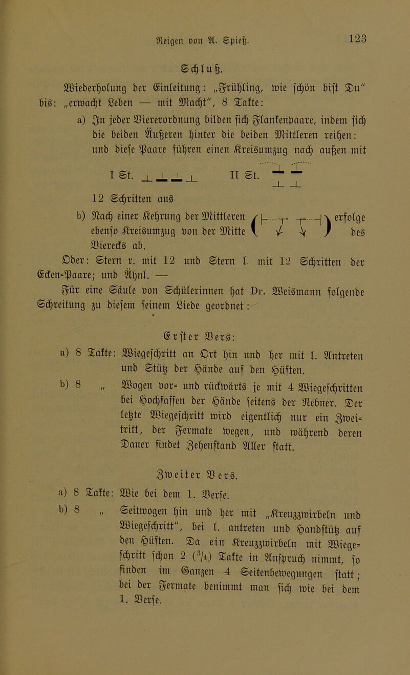 © df) 1 u fj. Sßieberfjolung ber ©inleitung: „Qditlfling, tbie fd£)ön bift Su bi3: „ermaßt ßeben — mit 9Jtad)t, 8 Safte: a) $n jeber SSiererorbuung bitben fiel) ^lanfenfmare, inbem fid) bie beiben Sinteren hinter bie beiben ÜDiittleren reifen: imb biefe 5ßaare führen einen ^reigumjug uad) aufjen mit I ©t. II ©t. 12 ©^ritten au§ b) 3iad) einer $ef)rung ber Mittleren / ( T—} j \ erfolge ebenfo ßreiSumjug bon ber ÜJlitte \ / -V / be§ 2)iered§ ab. Ober: ©tern r. mit 12 imb ©fern 1 mit 12 ©djritten ber @den=ißaare; itnb Slfjnl. — Sür eine ©äule bon ©Hüterinnen fjat Dr. SBeiSmann folgenbe ©cfjreitung 511 biefem feinem ßiebe georbnet: ©rfter 23 er §: a) 8 Statte: Sßiegefcfjritt an Ort f)m unb f)er mit 1. Eintreten nnb ©tüfj ber §cinbe auf ben Jpüften. b) 8 „ Söogen bor= unb rüdtbärts je mit 4 2Giegefd)ritteu bei §od)faffen ber §änbe feitenä ber Slebner. Ser le|te SBiegefdjritt toirb eigentlich nur ein 3toei= tritt, ber Fermate biegen, unb mätjrenb beren Sauer finbet ßeljenftanb 2111er ftatt. 3b) eit er 2) er3. a) 8 Safte: 233ie bei beut 1. 23erfe. k) 8  ©eitibogen f)in unb fjer mit „ßreu^tbirbeln unb SöiegefHritt, bei 1. antreten unb föanbftüts auf ben fcüfteu. Sa ein Äreujatmrbeln mit 2föiege= fHritt fdjon 2 (s/4) Safte in 21nfprud) nimmt, fo finben im ©anjen 4 ©eitenbetnegungen ftatt; bei ber Fermate benimmt man fidfj mie bei bem 1. 23erfe.