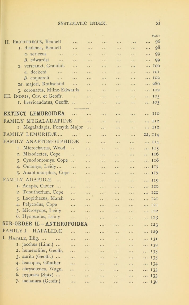 II. Propithecus, Bennett 1. diadema, Bennett a. sericeus /3. edwardsi 2. verreauxi, Grandid. a. deckeni /8. coquereli 2a. majori, Rothschild 3. coronatus, Milne-Edwards III. Indris, Cuv. et Geoffr. 1. brevicaudatus, Geoffr. ... EXTINCT LEMUROIDEA ... FAMILY MEGALADAPID.E 1. Megaladapis, Forsyth Major FAMILY LEMURIDE FAMILY ANAPTOMORPHIDE 1. Microchaerus, Wood 2. Mixodectes, Cope 3. Cynodontomys, Cope ... 4. Omomys, Leidy... 5. Anaptomorphus, Cope ... FAMILY ADAPIDvE 1. Adapis, Cuvier ... 2. Tomitherium, Cope 3. Laopithecus, Marsh 4. Pelycodus, Cope 5. Microsyops, Leidy 6. Ilyopsodus, Leidy SUB-ORDER II.—ANTHROPOIDEA FAMILY I. IIAPALID/E I. Hapale, Illig 1. jacchus (Linn.) 2. humeralifer, Geoffr. 3. aurita (Geoffr.) ... 4. leucopus, Ciinther 5. chrysoleuca, Wagn 6. pygmaea (Spix) 7. melanura (Geoffr.) PAGF ... 96 ... 98 ... 99 ... 99 ... 100 ... 101 ... 102 ... 286 ... 102 ... 105 ... 105 ... no ... 112 ... 112 22, 114 ... 114 ... 115 ... 116 ... 116 ... 117 ... 117 ... 119 ... 120 ... 120 ... 121 ... 121 ... 122 • 123 ... 123 ... 129 ... 131 ... 132 133 ••• 133 ... 134 ••• I3S - 135 ... 136