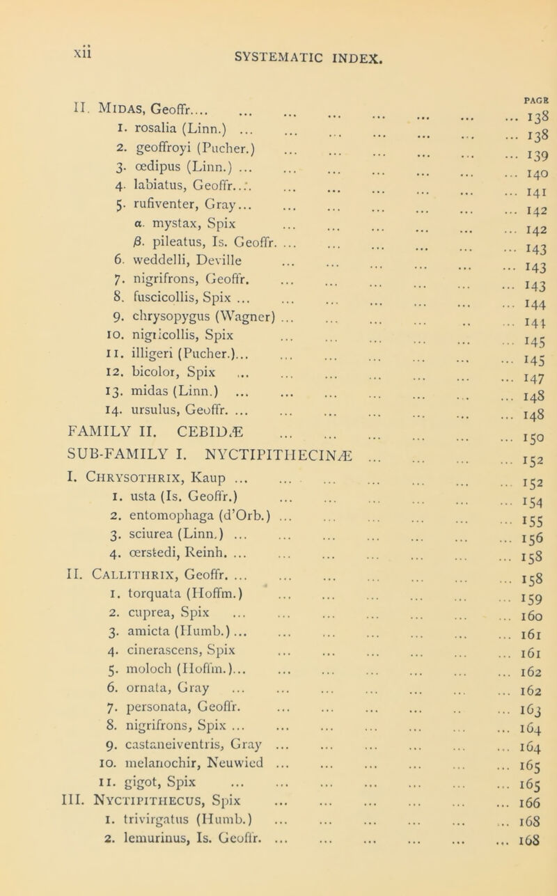 II. Midas, GeoflY 1. rosalia (Linn.) ... ... ... ... . . r g 2. geoffroyi (Pucher.) ^ 3. cedipus (Linn.) 4. labiatus, Geoffr..: I4I 5. rufiventer, Gray x^2 a. mystax, Spix ... ... ... .. .. y8. pileatus, Is. Geoffr 6. weddelli, Deville ..., 7. nigrifrons, Geoffr I4^ 8. fuscicollis, Spix ... ... ... , 1 x44 9. chrysopygus (Wagner) I44 10. nigiicollis, Spix ... 11. illigeri (Pitcher.) I4- 12. bicolor, Spix 13. midas (Linn.) I4g 14. ursulus, Geoffr I43 FAMILY II. CEBID3E I5o SUB-FAMILY I. NYCTIPITIIECIN/E I52 I. Chrvsothrix, Kaup je2 1. usta (Is. Geoffr.) ... ... ... ... x^4 2. entomophaga (d’Orb.) ... ... ... ... 3. sciurea (Linn,) ... ... ... ... ... x^g 4. cerstedi, Reinh. ... ... ... ... ... ... ^3 II. Callitiirix, Geoffr x^g 1. torquata (Iloffm.) ... ... ... ... ... 2. cuprea, Spix ... ... ... 160 3. amicta (Humb.)... ... ... ... ... ... jgi 4. cinerascens, Spix ... ... ... ... ... jgx 5. moloch (Iloffm.)... ... ... ... ... ... ... xg2 6. ornata, Gray ... ... ... ... ... ... ... 162 7. personata, Geoffr. ... ... ... ... .. ... igj 8. nigrifrons, Spix ... ... ... ... ... ... ... 164 9. castaneiventris. Gray ... ... ... ... ... ... 164 10. melanochir, Neuwied ... ... ... ... ... ... jg^ n. gigot, Spix 165 III. Nyctifithecus, Spix i6g 1. trivirgatus (Humb.) ... ... ... ... ... ... j08 2. lemurinus, Is. Geoffr. ... ... ... ... ... ... igg