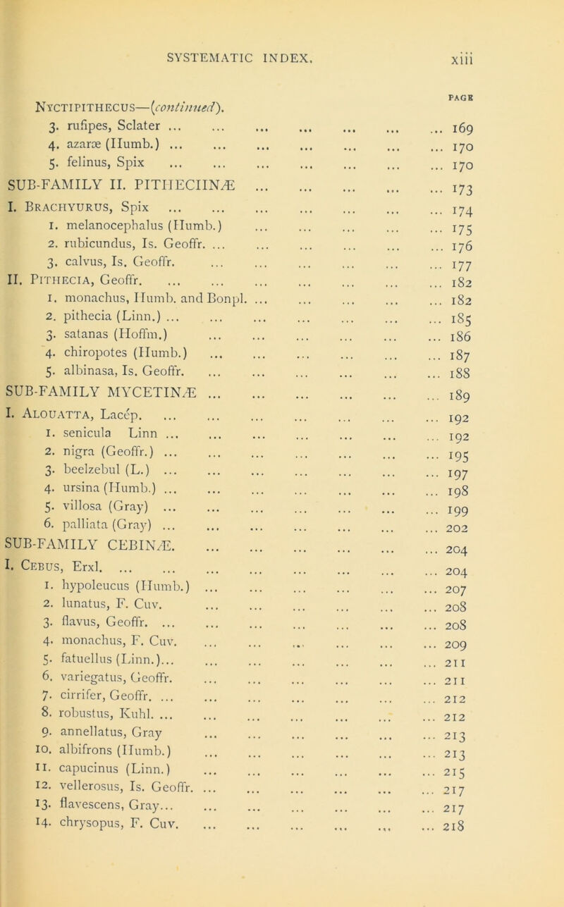 PAG B N YCTIPITH EC U S— [contin ued). 3. rufipes, Sclater ... ... ... ... ... ... ... 169 4. azaroe (Ilumb.) ... ... ... ... ... ... ... 170 5. felinus, Spix I7o SUB-FAMILY II. PITHECIINzE 173 I. Brachyurus, Spix X74 1. melanocephalus (Ilumb.) ... ... ... ... ... 175 2. rubicundus, Is. Geoffr. ... ... ... ... ... ... 176 3. calvus, Is. Geoffr. ... ... ... ... ... ... 177 II. Pithecia, Geoffr 182 1. monachus, Ilumb. and Bonpl. ... ... ... 182 2. pithecia (Linn.) ... ... ... ... ... ... ... j85 3. satanas (Ploffm.) ... ... ... ... x86 4. chiropotes (Ilumb.) ... ... ... ... 187 5. albinasa, Is. Geoffr. ... ... xSS SUB-FAMILY MYCETINzE 189 I. Alouatta, Lacep i92 1. senicula Linn ... ... ... ... ... ... jg2 2. nigra (Geoffr.) 195 3. beelzebul (L.) 197 4. ursina (Ilumb.) 198 5. villosa (Gray) 199 6. palliata (Graj7) ... ... ... ... ... ... 202 SUB-FAMILY CEBIN/E 204 I. Cebus, Erxl, ... ... ... ... ... ... 204 1. hypoleucus (Ilumb.) 207 2. lunatus, F. Cuv. 208 3. flavus, Geoffr 20S 4. monachus, F. Cuv 209 5- fatuellus (Linn.) 211 6. variegatus, Geoffr 7. cirrifer, Geoffr 212 8. robustus, Kuhl 212 9. anneliatus, Gray ... ... 213 10. albifrons (Ilumb.) 213 11. capucinus (Linn.) 215 12. vellerosus, Is. Geoffr 217 13. Aavescens, Gray ... 217 14- chrysopus, F. Cuv 218