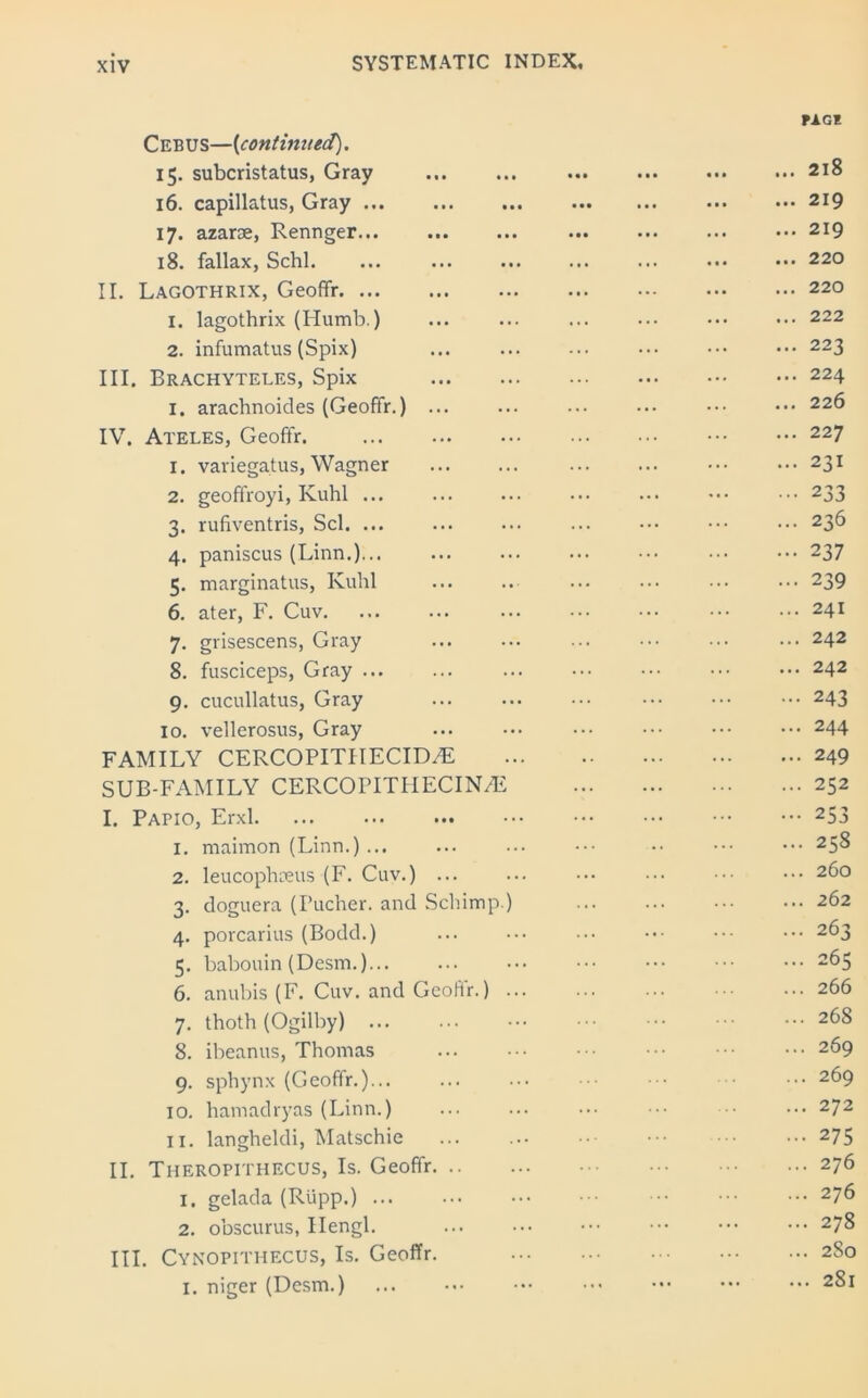 PAG! Cebus—(continued). 15. subcristatus, Gray 218 16. capillatus, Gray 219 17. azarse, Rennger 219 18. fallax, Schl 220 II. Lagothrix, Geoffr 220 1. lagothrix (Ilumb.) ... ... ... ... ••• ••• 222 2. infumatus (Spix) 223 III. Brachyteles, Spix 224 1. arachnoides (Geoffr.) ... ... ... ... ••• ••• 226 IV. Ateles, Geoffr. 227 1. variegatus, Wagner ... ... ... ... ••• ••• 231 2. geoffroyi, Kuhl ... ... ... ... ••• ••• 233 3. rufiventris, Scl. ... ... ... ... ••• ••• ••• 236 4. paniscus (Linn.)... ... ... ••• ••• ••• ••• 237 5. marginatus, Kuhl ... ... ... ••• ••• ••• 239 6. ater, F. Cuv 241 7. grisescens, Gray ... ... ... ••• ••• ••• 242 8. fusciceps, Gray ... ... ... ••• ••• ••• 242 9. cucullatus, Gray 243 10. vellerosus, Gray ... ••• ••• ••• ••• ••• 244 FAMILY CERCOPITHECIDAL 249 SUB-FAMILY CERCOriTHECIN/E 252 I. Papio, Erxl 253 1. maimon (Linn.) ... ... ... ••• •• ••• ••• 258 2. leucophceus (F. Cuv.) ... ... ••• ••• ••• ••• 260 3. doguera (I’ucher. and Schimp.) ... ... ••• 262 4. porcarius (Bodd.) ... ... ••• ••• ••• 263 5. babouin (Desm.)... ... ••• ••• 265 6. anubis (F. Cuv. and Geoflr.) 266 7. thoth (Ogilby) 268 8. ibeanus, Thomas ... ••• ••• ••• ••• 2^9 9. sphynx (Geoffr.)... ... ... ••• ••• ••• 269 10. hamadryas (Linn.) ... ... ••• ••• ••• 272 11. langheldi, Matschie ... ... ••• ••• ••• 275 II. Theropithecus, Is. Geoffr 276 1. gelada (Rupp.) ... ... ••• ••• ••• 276 2. obscurus, Ilengl. ... ••• ••• ••• 278 III. Cynopithecus, Is. Geoffr. 2S0 I. niger (Desm.) ... ••• ••• ••• •*• 281