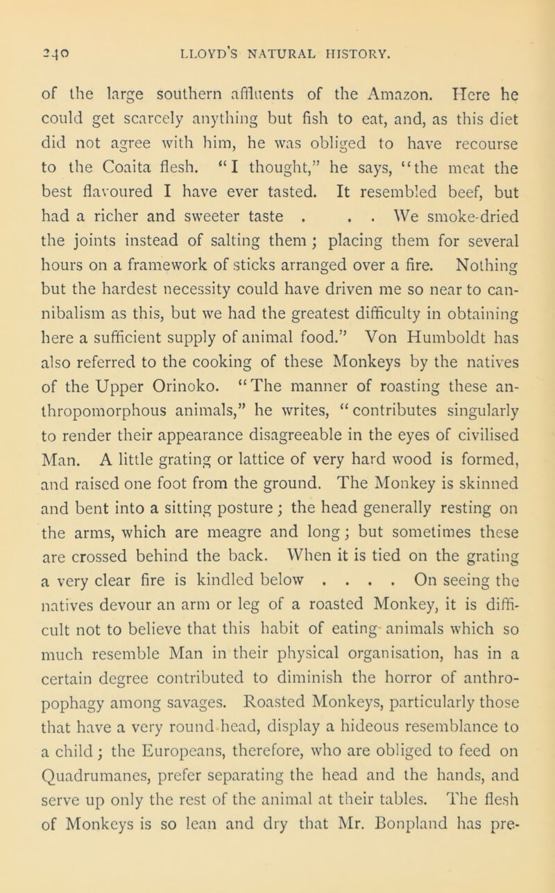 of the large southern affluents of the Amazon. Here he could get scarcely anything but fish to eat, and, as this diet did not agree with him, he was obliged to have recourse to the Coaita flesh. “I thought,” he says, “the meat the best flavoured I have ever tasted. It resembled beef, but had a richer and sweeter taste . . . We smoke-dried the joints instead of salting them ; placing them for several hours on a framework of sticks arranged over a fire. Nothing but the hardest necessity could have driven me so near to can- nibalism as this, but we had the greatest difficulty in obtaining here a sufficient supply of animal food.” Von Humboldt has also referred to the cooking of these Monkeys by the natives of the Upper Orinoko. “The manner of roasting these an- thropomorphous animals,” he writes, “ contributes singularly to render their appearance disagreeable in the eyes of civilised Man. A little grating or lattice of very hard wood is formed, and raised one foot from the ground. The Monkey is skinned and bent into a sitting posture; the head generally resting on the arms, which are meagre and long; but sometimes these are crossed behind the back. When it is tied on the grating a very clear fire is kindled below .... On seeing the natives devour an arm or leg of a roasted Monkey, it is diffi- cult not to believe that this habit of eating- animals which so much resemble Man in their physical organisation, has in a certain degree contributed to diminish the horror of anthro- pophagy among savages. Roasted Monkeys, particularly those that have a very round head, display a hideous resemblance to a child; the Europeans, therefore, who are obliged to feed on Quadrumanes, prefer separating the head and the hands, and serve up only the rest of the animal at their tables. The flesh of Monkeys is so lean and dry that Mr. Bonpland has pre-