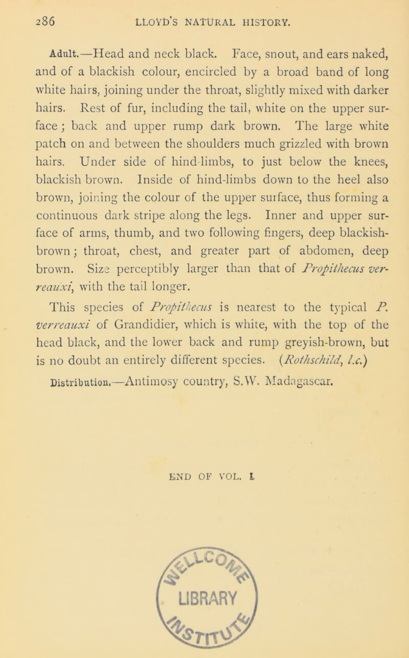 Adult.—Head and neck black. Face, snout, and ears naked, and of a blackish colour, encircled by a broad band of long white hairs, joining under the throat, slightly mixed with darker hairs. Rest of fur, including the tail, white on the upper sur- face ; back and upper rump dark brown. The large white patch on and between the shoulders much grizzled with brown hairs. Under side of hind-limbs, to just below the knees, blackish brown. Inside of hind-limbs down to the heel also brown, joining the colour of the upper surface, thus forming a continuous dark stripe along the legs. Inner and upper sur- face of arms, thumb, and two following fingers, deep blackish- brown ; throat, chest, and greater part of abdomen, deep brown. Size perceptibly larger than that of Propilhecus ver- reciuxi, with the tail longer. This species of Propithecus is nearest to the typical P. verreauxi of Grandidier, which is white, with the top of the head black, and the lower back and rump greyish-brown, but is no doubt an entirely different species. (Rothschild, l.c.) Distribution,—Antimosy country, S.W. Madagascar. END OF VOL. L