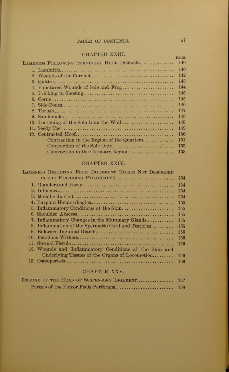 CHAPTER XXIII. PAGE Lameness Following Individual Hoof Disease 140 1. Laminitis 140 2. Wounds of the Coronet 142 3. Quittor 143 4. Punctured Wounds of Sole and Frog 144 5. Pricking in Shoeing 145 6. Corns 145 7. Side-Bones 146 8. Thrush 147 9. Sandcracks 148 10. Loosening of the Sole from the Wall 148 11. Seedy Toe 149 12. Contracted Hoof 150 Contraction in the Region of the Quarters 151 Contraction of the Sole Only 152 Contraction in the Coronary Region 153 CHAPTER XXIV. Lameness Resulting From Different Causes Not Described in the Foregoing Paragraphs 154 1. Glanders and Farcy - 154 2. Influenza 154 3. Maladie du Coit 154 4. Purpura Hsemorrhagica 155 5. Inflammatory Conditions of the Skin • 155 6. Shoulder Abscess 155 7. Inflammatory Changes in the Mammary Glands 155 8. Inflammation of the Spermatic Cord and Testicles 155 9. Enlarged Inguinal Glands 156 10. Fistulous Withers 156 11. Sternal Fistula 156 12. Wounds and Inflammatory Conditions of the Skin and Underlying Tissues of the Organs of Locomotion 156 13. Osteoporosis 156 CHAPTER XXV. Disease of the Head of Suspensory Ligament 157 Paresis of the Flexor Pedis Perforans 158