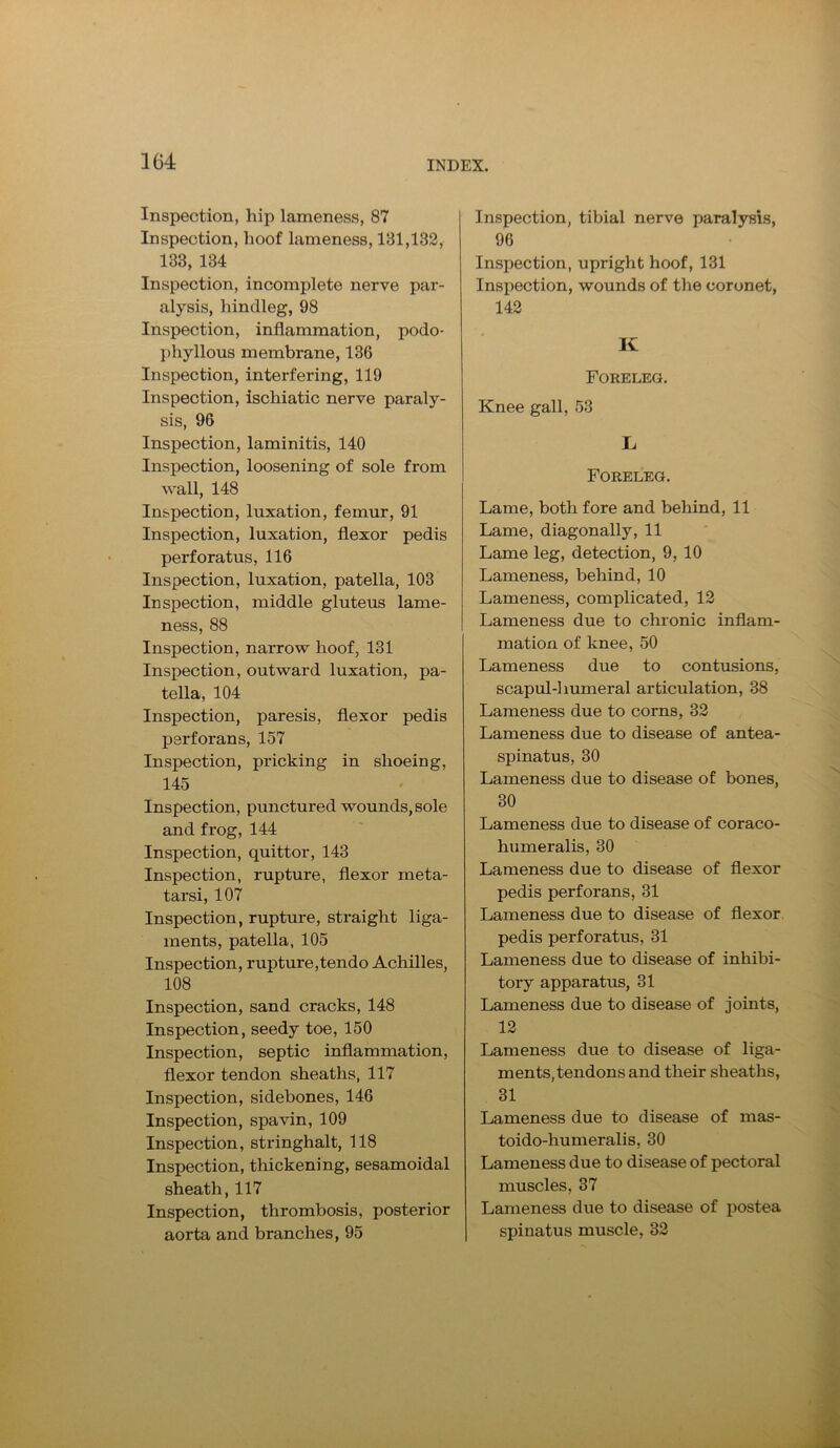 Inspection, hip lameness, 87 Inspection, hoof lameness, 131,132, 133, 134 Inspection, incomplete nerve par- alysis, hindleg, 98 Inspection, inflammation, podo- pliyllous membrane, 136 Inspection, interfering, 119 Inspection, ischiatic nerve paraly- sis, 96 Inspection, laminitis, 140 Inspection, loosening of sole from wall, 148 Inspection, luxation, femur, 91 Inspection, luxation, flexor pedis perforatus, 116 Inspection, luxation, patella, 103 Inspection, middle gluteus lame- ness, 88 Inspection, narrow hoof, 131 Inspection, outward luxation, pa- tella, 104 Inspection, paresis, flexor pedis perforans, 157 Inspection, pricking in shoeing, 145 Inspection, punctured wounds, sole and frog, 144 Inspection, quittor, 143 Inspection, rupture, flexor meta- tarsi, 107 Inspection, rupture, stx*aight liga- ments, patella, 105 Inspection, rupture, tendo Achilles, 108 Inspection, sand cracks, 148 Inspection, seedy toe, 150 Inspection, septic inflammation, flexor tendon sheaths, 117 Inspection, sidebones, 146 Inspection, spavin, 109 Inspection, stringhalt, 118 Inspection, thickening, sesamoidal sheath, 117 Inspection, thrombosis, posterior aorta and branches, 95 Inspection, tibial nerve paralysis, 96 Inspection, upright hoof, 131 Inspection, wounds of the coronet, 142 K Foreleg. Knee gall, 53 L Foreleg. Lame, both fore and behind, 11 Lame, diagonally, 11 Lame leg, detection, 9, 10 Lameness, behind, 10 Lameness, complicated, 12 Lameness due to chronic inflam- mation of knee, 50 Lameness due to contusions, scapul-humeral articulation, 38 Lameness due to corns, 32 Lameness due to disease of antea- spinatus, 30 Lameness due to disease of bones, 30 Lameness due to disease of coraco- humeralis, 30 Lameness due to disease of flexor pedis perforans, 31 Lameness due to disease of flexor pedis perforatus, 31 Lameness due to disease of inhibi- tory apparatus, 31 Lameness due to disease of joints, 12 Lameness due to disease of liga- ments, tendons and their sheaths, 31 Lameness due to disease of mas- toido-humeralis, 30 Lameness due to disease of pectoral muscles, 37 Lameness due to disease of postea spinatus muscle, 32
