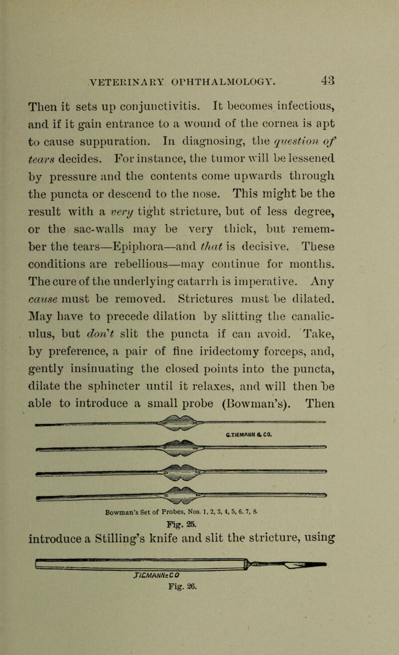 Then it sets up conjunctivitis. It becomes infectious, and if it gain entrance to a wound of the cornea is apt to cause suppuration. In diagnosing, the question of tears decides. For instance, the tumor will be lessened by pressure and the contents come upwards through the puncta or descend to the nose. This might be the result with a very tight stricture, but of less degree, or the sac-walls may be very thick, but remem- ber the tears—Epiphora—and that is decisive. These conditions are rebellious—may continue for months. The cure of the underlying catarrh is imperative. Any cause must be removed. Strictures must be dilated. May have to precede dilation by slitting the canalic- ulus, but don't slit the puncta if can avoid. Take, by preference, a pair of fine iridectomy forceps, and, gently insinuating the closed points into the puncta, dilate the sphincter until it relaxes, and will then *be able to introduce a small probe (Bowman’s). Then Bowman’s Set of Probes, Nos. 1,2, 3, 4, 5, 6.7, 8. Fig. 25. introduce a Stilling’s knife and slit the stricture, using .TJLMAM:CQ Fig. 26.
