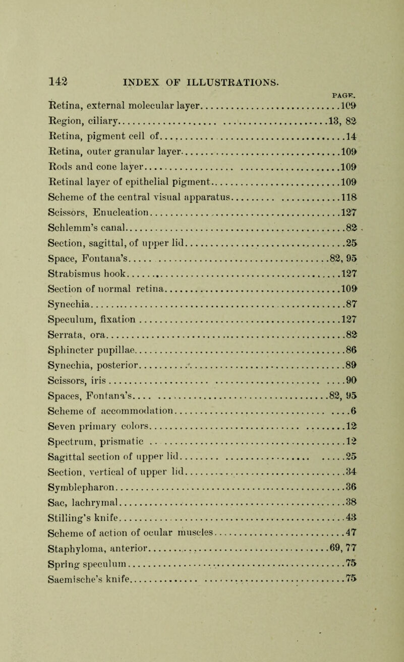 PAGTC. Retina, external molecular layer 109 Region, ciliary 13, 82 Retina, pigment cell of 14 Retina, outer granular layer 109 Rods and cone layer 109 Retinal layer of epithelial pigment 109 Scheme of the central visual apparatus 118 Scissors, Enucleation 127 Schlemm’s canal 82 . Section, sagittal, of upper lid 25 Space, Fontana’s 82, 95 Strabismus hook 127 Section of normal retina 109 Synechia 87 Speculum, fixation 127 Serrata, ora 82 Sphincter pupillae 86 Synechia, posterior 89 Scissors, iris 90 Spaces, Fontana’s 82, 95 Scheme of accommodation 6 Seven primary colors 12 Spectrum, prismatic .. 12 Sagittal section of upper lid 25 Section, vertical of upper lid — 34 Symblepharon 36 Sac, lachrymal 38 Stilling’s knife 43 Scheme of action of ocular muscles 47 Staphyloma, anterior 69, 77 Spring speculum 75 Saemische’s knife 75