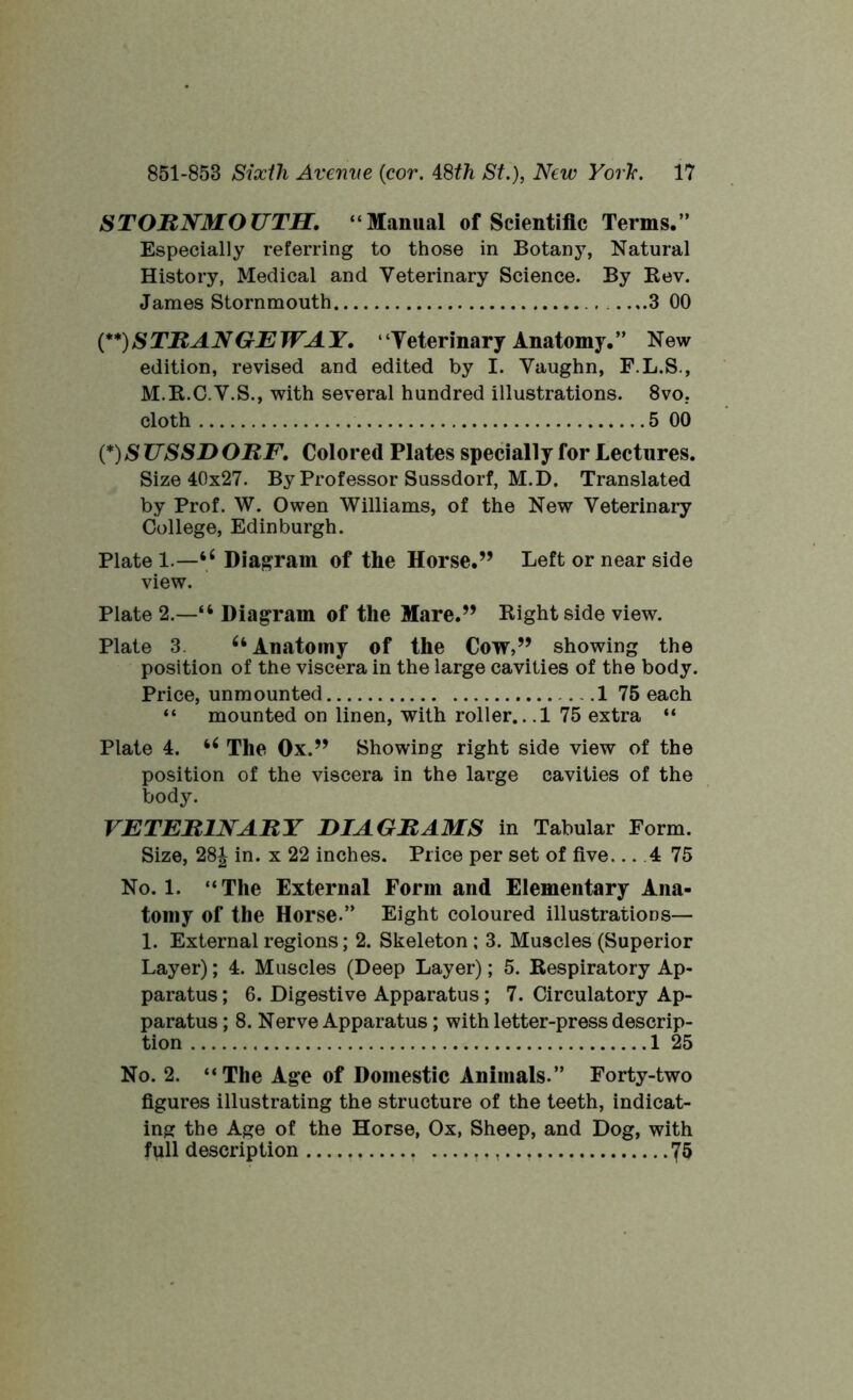 STORNMOUTH. “Manual of Scientific Terms.” Especially referring to those in Botany, Natural History, Medical and Veterinary Science. By Rev. James Stornmouth ...3 00 (**) STRANGE WAY. “Veterinary Anatomy.” New edition, revised and edited by I. Vaughn, F.L.S., M.R.C.V.S., with several hundred illustrations. 8vo, cloth 5 00 (*)SUSSDORF, Colored Plates specially for Lectures. Size 40x27. By Professor Sussdorf, M.D. Translated by Prof. W. Owen Williams, of the New Veterinary College, Edinburgh. Plate 1.—1i6 Diagram of the Horse.” Left or near side view. Plate 2.—“ Diagram of the Mare.” Right side view. Plate 3. u Anatomy of the Cow,” showing the position of the viscera in the large cavities of the body. Price, unmounted 1 75 each “ mounted on linen, with roller.. .1 75 extra “ Plate 4. u The Ox.” Showing right side view of the position of the viscera in the large cavities of the body. VETERINARY DIAGRAMS in Tabular Form. Size, 28| in. x 22 inches. Price per set of five... 4 75 No. 1. “The External Form and Elementary Ana- tomy of the Horse.” Eight coloured illustrations— 1. External regions; 2. Skeleton; 3. Muscles (Superior Layer); 4. Muscles (Deep Layer); 5. Respiratory Ap- paratus; 6. Digestive Apparatus; 7. Circulatory Ap- paratus ; 8. Nerve Apparatus; with letter-press descrip- tion 1 25 No. 2. “The Age of Domestic Animals.” Forty-two figures illustrating the structure of the teeth, indicat- ing the Age of the Horse, Ox, Sheep, and Dog, with full description 5