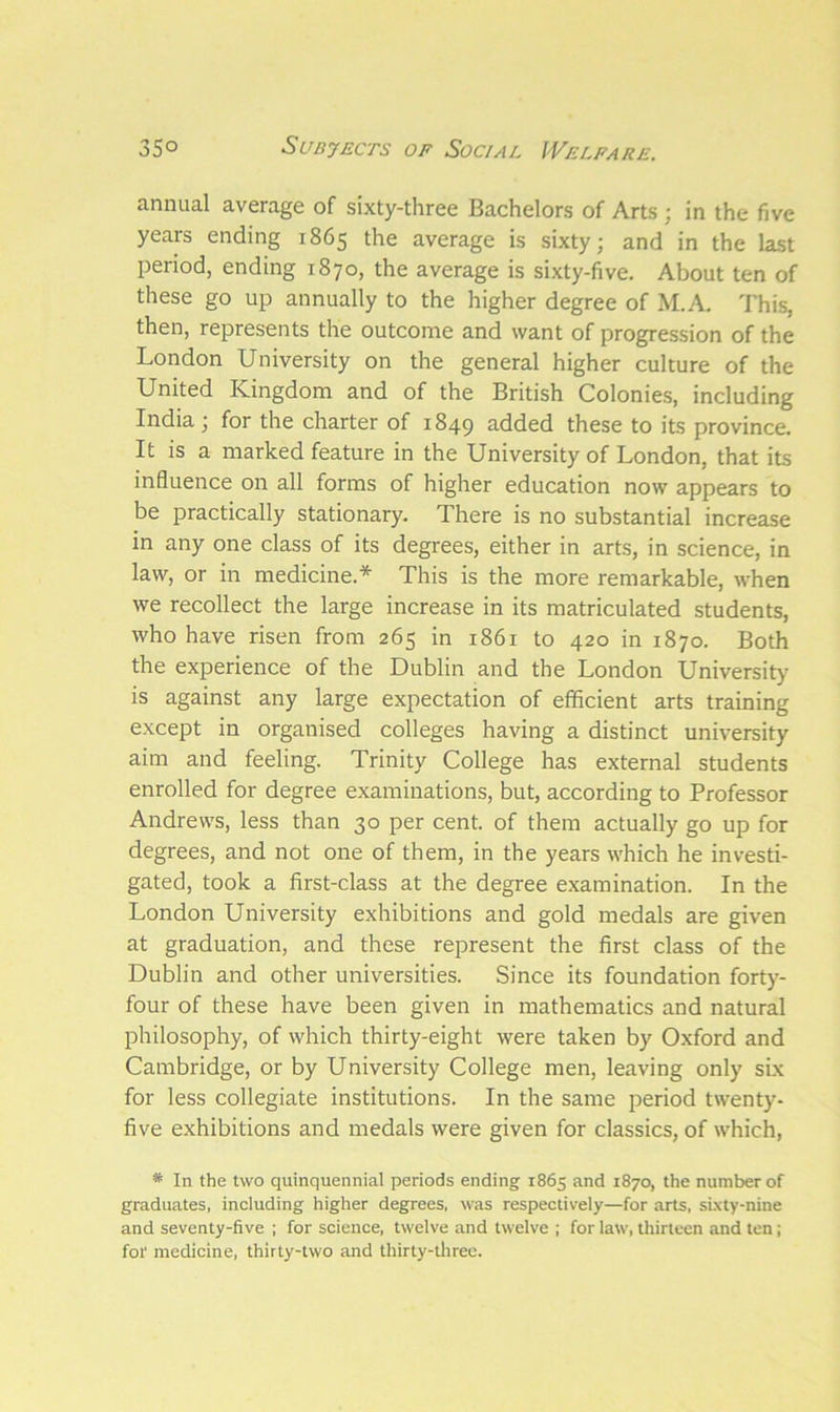 annual average of sixty-three Bachelors of Arts ; in the five years ending 1865 the average is sixty; and in the last period, ending 1870, the average is sixty-five. About ten of these go up annually to the higher degree of M.A. This, then, represents the outcome and want of progression of the London University on the general higher culture of the United Kingdom and of the British Colonies, including India ; for the charter of 1849 added these to its province. It is a marked feature in the University of London, that its influence on all forms of higher education now appears to be practically stationary. There is no substantial increase in any one class of its degrees, either in arts, in science, in law, or in medicine.* This is the more remarkable, when we recollect the large increase in its matriculated students, who have risen from 265 in 1861 to 420 in 1870. Both the experience of the Dublin and the London University' is against any large expectation of efficient arts training except in organised colleges having a distinct university aim and feeling. Trinity College has external students enrolled for degree examinations, but, according to Professor Andrews, less than 30 per cent, of them actually go up for degrees, and not one of them, in the years which he investi- gated, took a first-class at the degree examination. In the London University exhibitions and gold medals are given at graduation, and these represent the first class of the Dublin and other universities. Since its foundation forty- four of these have been given in mathematics and natural philosophy, of which thirty-eight were taken by Oxford and Cambridge, or by University College men, leaving only six for less collegiate institutions. In the same period twenty- five exhibitions and medals were given for classics, of which, * In the two quinquennial periods ending 1865 and 1870, the number of graduates, including higher degrees, was respectively—for arts, sixty-nine and seventy-five ; for science, twelve and twelve ; for law, thirteen and ten; for medicine, thirty-two and thirty-three.