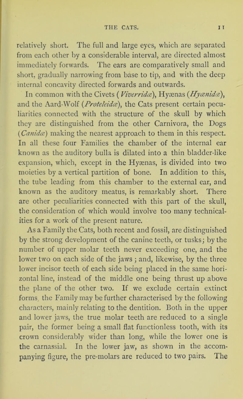 relatively short. The full and large eyes, which are separated from each other by a considerable interval, are directed almost immediately forwards. The ears are comparatively small and short, gradually narrowing from base to tip, and with the deep internal concavity directed forwards and outwards. In common with the Civets ( Viverriikc), Hyaenas (Hyccnidce), and the Aard-Wolf (Proteleidce), the Cats present certain pecu- liarities connected with the structure of the skull by which they are distinguished from the other Carnivora, the Dogs (Canidcc) making the nearest approach to them in this respect. In all these four Families the chamber of the internal ear known as the auditory bulla is dilated into a thin bladder-like expansion, which, except in the Hyaenas, is divided into two moieties by a vertical partition of bone. In addition to this, the tube leading from this chamber to the external ear, and known as the auditory meatus, is remarkably short. There are other peculiarities connected with this part of the skull, the consideration of which would involve too many technical- ities for a work of the present nature. As a Family the Cats, both recent and fossil, are distinguished by the strong development of the canine teeth, or tusks; by the number of upper molar teeth never exceeding one, and the lower two on each side of the jaws ; and, likewise, by the three lower incisor teeth of each side being placed in the same hori- zontal line, instead of the middle one being thrust up above the plane of the other two. If we exclude certain extinct forms, the Family may be further characterised by the following characters, mainly relating to the dentition. Both in the upper and lower jaws, the true molar teeth are reduced to a single pair, the former being a small flat functionless tooth, with its crown considerably wider than long, while the lower one is the carnassial. In the lower jaw, as shown in the accom- panying figure, the pre-molars are reduced to two pairs. The