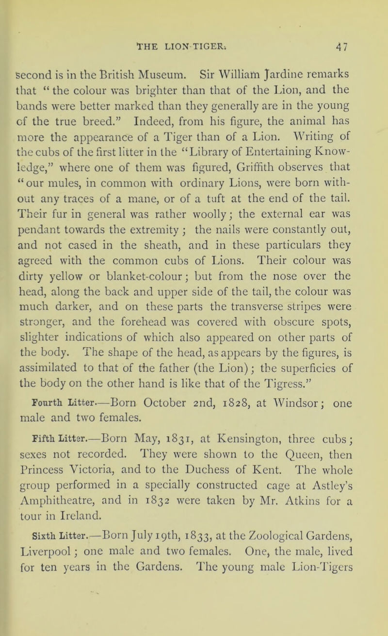 second is in the British Museum. Sir William Jardine remarks that “ the colour was brighter than that of the Lion, and the bands were better marked than they generally are in the young of the true breed.” Indeed, from his figure, the animal has more the appearance of a Tiger than of a Lion. Writing of the cubs of the first litter in the “Library of Entertaining Know- ledge,” where one of them was figured, Griffith observes that “ our mules, in common with ordinary Lions, were born with- out any traces of a mane, or of a tuft at the end of the tail. Their fur in general was rather woolly; the external ear was pendant towards the extremity ; the nails were constantly out, and not cased in the sheath, and in these particulars they agreed with the common cubs of Lions. Their colour was dirty yellow or blanket-colour; but from the nose over the head, along the back and upper side of the tail, the colour was much darker, and on these parts the transverse stripes were stronger, and the forehead was covered with obscure spots, slighter indications of which also appeared on other parts of the body. The shape of the head, as appears by the figures, is assimilated to that of the father (the Lion); the superficies of the body on the other hand is like that of the Tigress.” Fourth Litter—Born October 2nd, 1828, at Windsor; one male and two females. Fifth Litter.—Born May, 1831, at Kensington, three cubs; sexes not recorded. They were shown to the Queen, then Princess Victoria, and to the Duchess of Kent. The whole group performed in a specially constructed cage at Astley’s Amphitheatre, and in 1832 were taken by Mr. Atkins for a tour in Ireland. Sixth Litter.—Born July 19th, 1833, at the Zoological Gardens, Liverpool; one male and two females. One, the male, lived for ten years in the Gardens. The young male Lion-Tigers