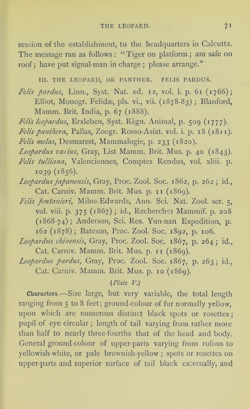 session of the establishment, to the headquarters in Calcutta. The message ran as follows : “Tiger on platform; am safe on roof; have put signal-man in charge; please arrange.” III. THE LEOPARD, OR PANTHER. FELIS PARDUS. Felis pardus, Linn., Syst. Nat. ed. 12, vol. i. p. 61 (1766); Elliot, Monogr. Felidce, pis. vi., vii. (1878-83); Blanford, Mamm. Brit. India, p. 67 (1888). Felis leopardus, Erxleben, Syst. Regn. Animal, p. 509 (1777). Felispanthera, Pallas, Zoogr. Rosso-Asiat. vol. i. p. 18 (1811). Felis me las, Desmarest, Mammalogie, p. 233 (1820). Leopardus vaiius, Gray, List Mamm. Brit. Mus. p. 40 (1843). Felis fulliana, Valenciennes, Comptes Rendus, vol. xliii. p. 1039 (1856). Leopardus japanensis, Gray, Proc. Zool. Soc. 1862, p. 262 ; id., Cat. Carniv. Mamm. Brit. Mus. p. 11 (1869). Felis fontanieri, Milne-Edwards, Ann. Sci. Nat. Zool. ser. 5, vol. viii. p. 375 (1867); id., Recherches Mammif. p. 208 (1868-74); Anderson, Sci. Res. Yun-nan Expedition, p. 162 (1878); Bateson, Proc. Zool. Soc. 1892, p. 106. Leopardus chinensis. Gray, Proc. Zool. Soc. 1867, p. 264; id., Cat. Carniv. Mamm. Brit. Mus. p. 11 (1869). Leopardus pardus, Gray, Proc. Zool. Soc. 1867, p. 263; id., Cat. Carniv. Mamm. Brit. Mus. p. 10 (1869). {Plate V.) Characters.—Size large, but very variable, the total length ranging from 5 to 8 feet; ground-colour of fur normally yellow, upon which are numerous distinct black spots or rosettes; pupil of eye circular; length of tail varying from rather more than half to nearly three-fourths that of the head and body. General ground-colour of upper-parts varying from rufous to yellowish-white, or pale brownish-yellow ; spots or rosettes on upper-parts and superior surface of tail black externally, and