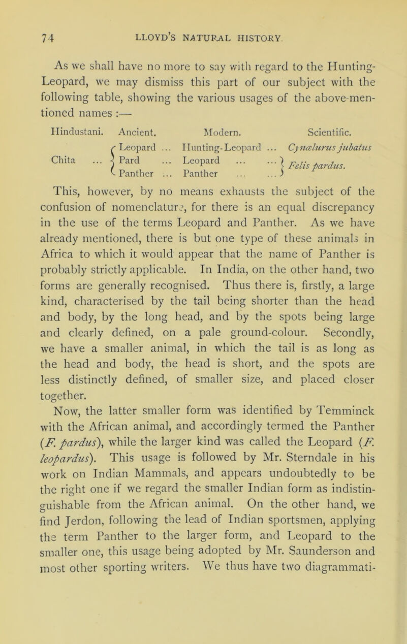 As we shall have no more to say with regard to the Hunting- Leopard, we may dismiss this part of our subject with the following table, showing the various usages of the above-men- tioned names :— Hindustani. Ancient. Modern. Scientific. r Leopard ... IIunting-Leopard ... Cyncelurusjubatus Chita ... s Pard ... Leopard ... ~ , , i 1 tells pardus. '-Panther ... Panther ... ...) This, however, by no means exhausts the subject of the confusion of nomenclature, for there is an equal discrepancy in the use of the terms Leopard and Panther. As we have already mentioned, there is but one type of these animals in Africa to which it would appear that the name of Panther is probably strictly applicable. In India, on the other hand, two forms are generally recognised. Thus there is, firstly, a large kind, characterised by the tail being shorter than the head and body, by the long head, and by the spots being large and clearly defined, on a pale ground-colour. Secondly, we have a smaller animal, in which the tail is as long as the head and body, the head is short, and the spots are less distinctly defined, of smaller size, and placed closer together. Now, the latter smaller form was identified by Temminck with the African animal, and accordingly termed the Panther (F pardus), while the larger kind was called the Leopard {F. leopardus). This usage is followed by Mr. Sterndale in his work on Indian Mammals, and appears undoubtedly to be the right one if we regard the smaller Indian form as indistin- guishable from the African animal. On the other hand, we find Jerdon, following the lead of Indian sportsmen, applying the term Panther to the larger form, and Leopard to the smaller one, this usage being adopted by Mr. Saunderson and most other sporting writers. We thus have two diagrammati-