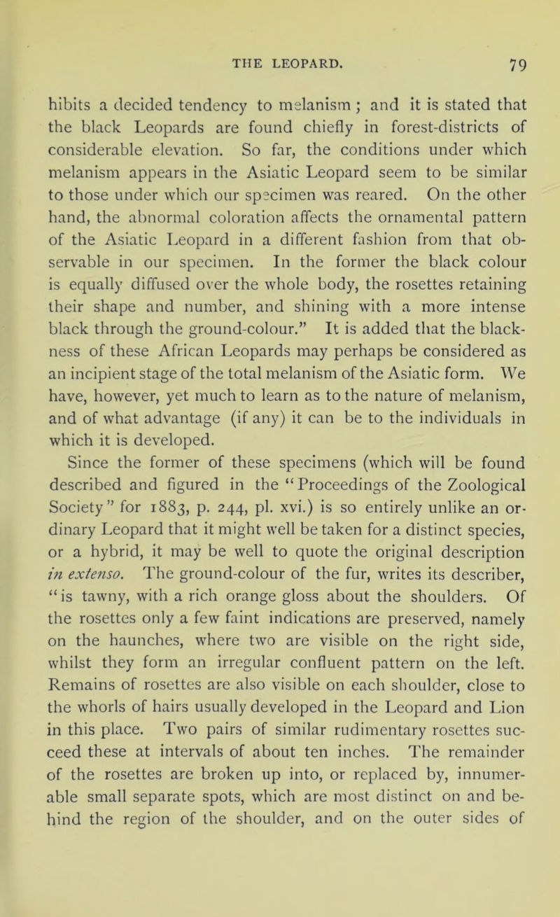 hibits a decided tendency to melanism ; and it is stated that the black Leopards are found chiefly in forest-districts of considerable elevation. So far, the conditions under which melanism appears in the Asiatic Leopard seem to be similar to those under which our specimen was reared. On the other hand, the abnormal coloration affects the ornamental pattern of the Asiatic Leopard in a different fashion from that ob- servable in our specimen. In the former the black colour is equally diffused over the whole body, the rosettes retaining their shape and number, and shining with a more intense black through the ground-colour.” It is added that the black- ness of these African Leopards may perhaps be considered as an incipient stage of the total melanism of the Asiatic form. We have, however, yet much to learn as to the nature of melanism, and of what advantage (if any) it can be to the individuals in which it is developed. Since the former of these specimens (which will be found described and figured in the “Proceedings of the Zoological Society” for 1883, p. 244, pi. xvi.) is so entirely unlike an or- dinary Leopard that it might well be taken for a distinct species, or a hybrid, it may be well to quote the original description in extenso. The ground-colour of the fur, writes its describer, “ is tawny, with a rich orange gloss about the shoulders. Of the rosettes only a few faint indications are preserved, namely on the haunches, where two are visible on the right side, whilst they form an irregular confluent pattern on the left. Remains of rosettes are also visible on each shoulder, close to the whorls of hairs usually developed in the Leopard and Lion in this place. Two pairs of similar rudimentary rosettes suc- ceed these at intervals of about ten inches. The remainder of the rosettes are broken up into, or replaced by, innumer- able small separate spots, which are most distinct on and be- hind the region of the shoulder, and on the outer sides of