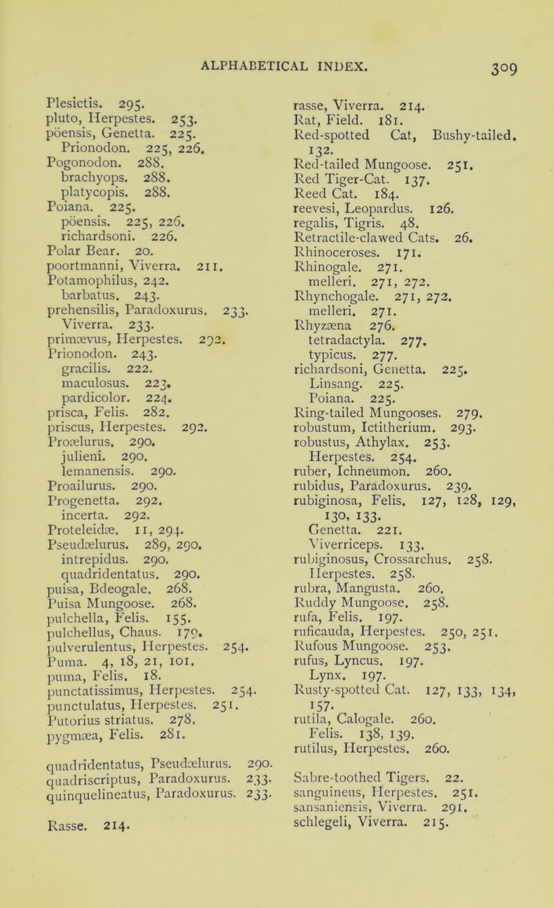 3°9 Plesictis. 295. pluto, ITerpestes. 253. poensis, Genetta. 225. Prionodon. 225, 226. Pogonodon. 288. brachyops. 288. platycopis. 288. Poiana. 225. poensis. 225, 226. richardsoni. 226. Polar Bear. 20. poortmanni, Viverra. 211. Potamophilus, 242. barbatus. 243. prehensilis, Paradoxurus. 233. Viverra. 233. primrevus, Herpestes. 292. Prionodon. 243. gracilis. 222. maculosus. 223. pardicolor. 224. prisca, Felis. 282. priscus, Plerpestes. 292. Procelurus. 290. julieni. 290, lemanensis. 290. Proailurus. 290. Progenetta. 292. incerta. 292. Proteleid?e. 11,294. Pseudaelurus. 289, 290. intrepidus. 290. quadridentatus. 290. puisa, Bdeogale. 268. Puisa M ungoose. 268. pulchella, Felis. 155. pulchellus, Chaus. 179. pulverulentus, Herpestes. 254. Puma. 4, 18, 21, 101. puma, Felis. 18. punctatissimus, Herpestes. 254. punctulatus, Herpestes. 251. Putorius striatus. 278. pygmsea, Felis. 281. quadridentatus, Pseudcelurus. 290. quadriscriptus, Paradoxurus. 233. quinquelineatus, Paradoxurus. 233. rasse, Viverra. 214. Rat, Field. 181. Red-spotted Cat, Bushy-tailed, 132. Red-tailed Mungoose. 251. Red Tiger-Cat. 137. Reed Cat. 184. reevesi, Leopardus. 126. regalis, Tigris. 48. Retractile-clawed Cats. 26. Rhinoceroses. 171. Rhinogale. 271. melleri. 271, 272. Rhynchogale. 271, 272. melleri. 271. Rhyzsena 276. tetradactyla. 277. typicus. 277. richardsoni, Genetta. 225. Linsang. 225. Poiana. 225. Ring-tailed Mungooses. 279. robustum, Ictitherium. 293. robustus, Athylax. 253. Plerpestes. 254. ruber, Ichneumon. 260. rubidus, Paradoxurus. 239. rubiginosa, Felis. 127, 128, 129, 130. 133* Genetta. 221. Viverriceps. 133. rubiginosus, Crossarchus. 258. Herpestes. 258. rubra, Mangusta. 260. Ruddy Mungoose. 258. rufa, Felis. 197. ruficauda, Herpestes. 250, 251. Rufous Mungoose. 253. rufus, Lyncus. 197. Lynx. 197. Rusty-spotted Cat. 127, 133, 134, 157- rutila, Calogale. 260. Felis. 138, 139. rutilus, Plerpestes. 260. Sabre-toothed Tigers. 22. sanguineus, Plerpestes. 251. sansaniensis, Viverra. 291. schlegeli, Viverra. 215. Rasse. 214.