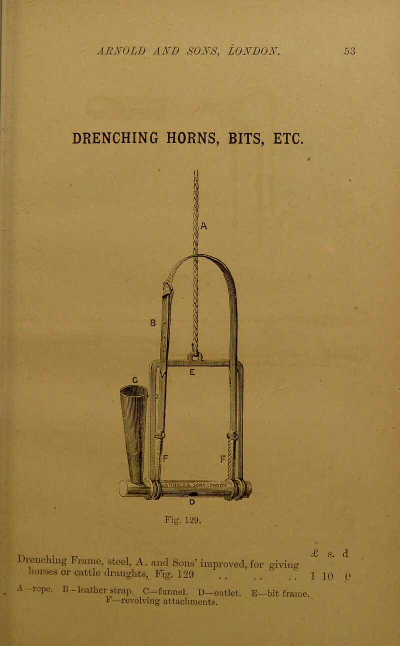 DRENCHING HORNS, BITS, ETC. Fig. 129. 1 benching I1 mine, steel, A. and Sons’ improved, for giving horses or cattle draughts, Fig. 129 - A r°pe. B- leather strap. C—funnel. D—outlet, E—bit frame F—revolving attachments. s. d 10 0 %