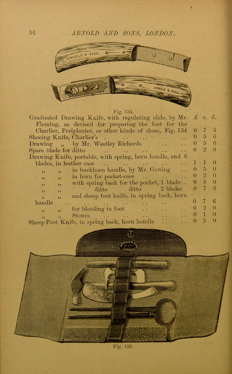 9 Fig. 134. Graduated Drawing Knife, with regulating slide, by Mr. Fleming, as devised for preparing the foot for the Charlier, Periplanter, or other kinds of shoes, Fig. 134 Shoeing Knife, Charlier’s . . . . . . - Drawing „ by Mr. Westley Richards Spare blade for ditto Drawing Knife, portable, with spring, horn handle, and 6 blades, in leather case Sheep Foot Knife, in spring back, horn handle £ s. d. 0 0 0 0 7 5 5 9 >> in buckhorn handle, by Mr. Gowing 0 5 ?? in horn for pocket-case 0 2 5? with spring back for the pocket, 1 blade. . 0 5 yi ditto ditto 2 blades 0 7 handle and sheep foot knife, in spring back, horn 0 7 5? >> for bleeding in foot 0 2 ?? 5? Stones 0 1 0 5 G 6 6 0 1 0 0 6 0 G G 2 0. 0 0