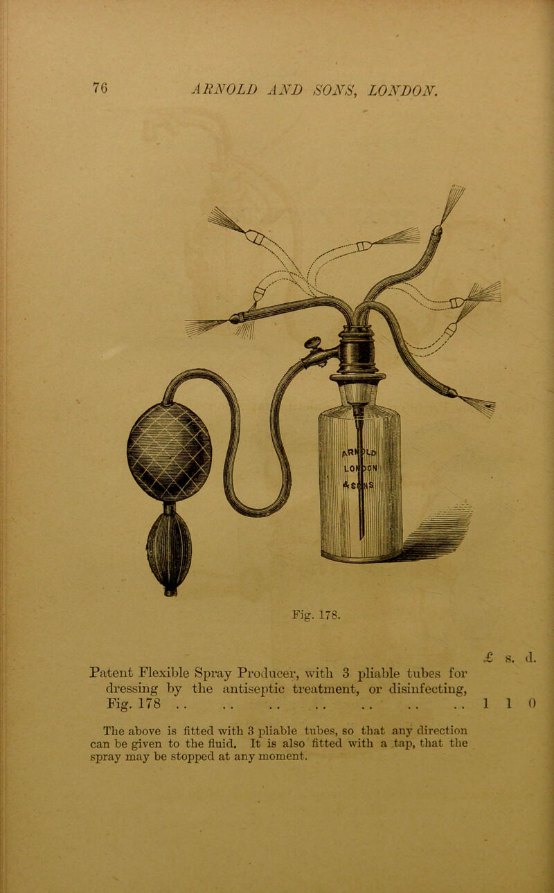 Fig. 178. Patent Flexible Spray Producer, with 3 pliable tubes for dressing by the antiseptic treatment, or disinfecting, Fig. 178.. The above is fitted with 3 pliable tubes, so that any direction can be given to the fluid. It is also fitted with a ,tap, that the spray may be stopped at any moment.