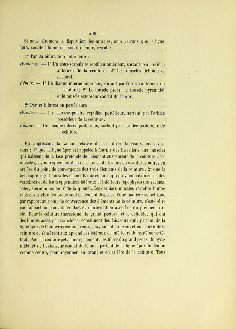 Si nous résumons la disposition des muscles, nous verrons que la ligne âpre, soit de l’humérus, soit du fémur, reçoit : 1“ Par sa bifurcation antérieure : Humérus. — 1° Un sous-scapulaire reptilien antérieur, sortant par l’orifice antérieur de la ceinture; 2° Les muscles deltoïde et pectoral. Fémur. — 1° Un iliaque interne antérieur, sortant par l’orifice antérieur de la ceinture ; 2° Le muscle psoas, le muscle pyramidal et le muscle extenseur caudal du fémur. 2° Par sa bifurcation postérieure : Humérus. — Un sous-scapulaire reptilien postérieur, sortant par l’orifice postérieur de la ceinture. Fémur. — Un iliaque interne postérieur, sortant par l’orifice postérieur de la ceinture. En appréciant la valeur relative de ces divers faisceaux, nous ver- rons : 1° que la ligne âpre est appelée à fournir des insertions aux muscles qui naissent de la face profonde de l’élément suspenseur de la ceinture : ces muscles, symétriquement disposés, passent, les uns en avant, les autres en arrière du point de convergence des trois éléments de la ceinture; 2° que la ligne âpre reçoit aussi les éléments musculaires qui proviennent du corps des vertèbres et de leurs appendices latéraux et inférieurs (apophyses transverses, côtes, sternum, os en Y de la queue). Ces derniers muscles vertébro-humé- raux et vertébro-fémoraux sont également disposés d’une manière symétrique par rapport au point de convergence des éléments de la ceinture, c’est-à-dire par rapport au point de contact et d’articulation avec l’os du premier arti- cle. Pour la ceinture thoracique, le grand pectoral et le deltoïde, qui ont des limites assez peu tranchées, constituent des faisceaux qui, partant de la ligne âpre de l’humérus comme centre, rayonnent en avant et en arrière de la ceinture et s’insèrent aux appendices latéraux et inférieurs du système verté- bral. Pour la ceinture pelvienne également, les fibres du grand psoas, du pyra- midal et de l’extenseur caudal du fémur, partent de la ligne âpre du fémur comme centre, pour rayonner en avant et en arrière de la ceinture. Tous