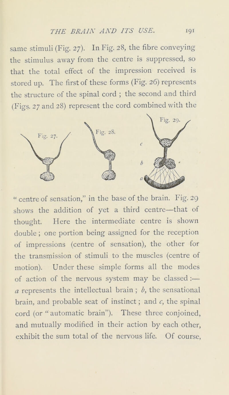 same stimuli (Fig. 27). In Fig. 28, the fibre conveying the stimulus away from the centre is suppressed, so that the total effect of the impression received is stored up. The first of these forms (Fig. 26) represents the structure of the spinal cord ; the second and third (Figs. 27 and 28) represent the cord combined with the “ centre of sensation,” in the base of the brain. Fig. 29 shows the addition of yet a third centre—that of thought. Here the intermediate centre is shown double ; one portion being assigned for the reception of impressions (centre of sensation), the other for the transmission of stimuli to the muscles (centre of motion). Under these simple forms all the modes of action of the nervous system may be classed :— a represents the intellectual brain ; b, the sensational brain, and probable seat of instinct; and c, the spinal cord (or “automatic brain”). These three conjoined, and mutually modified in their action by each other, exhibit the sum total of the nervous life. Of course,