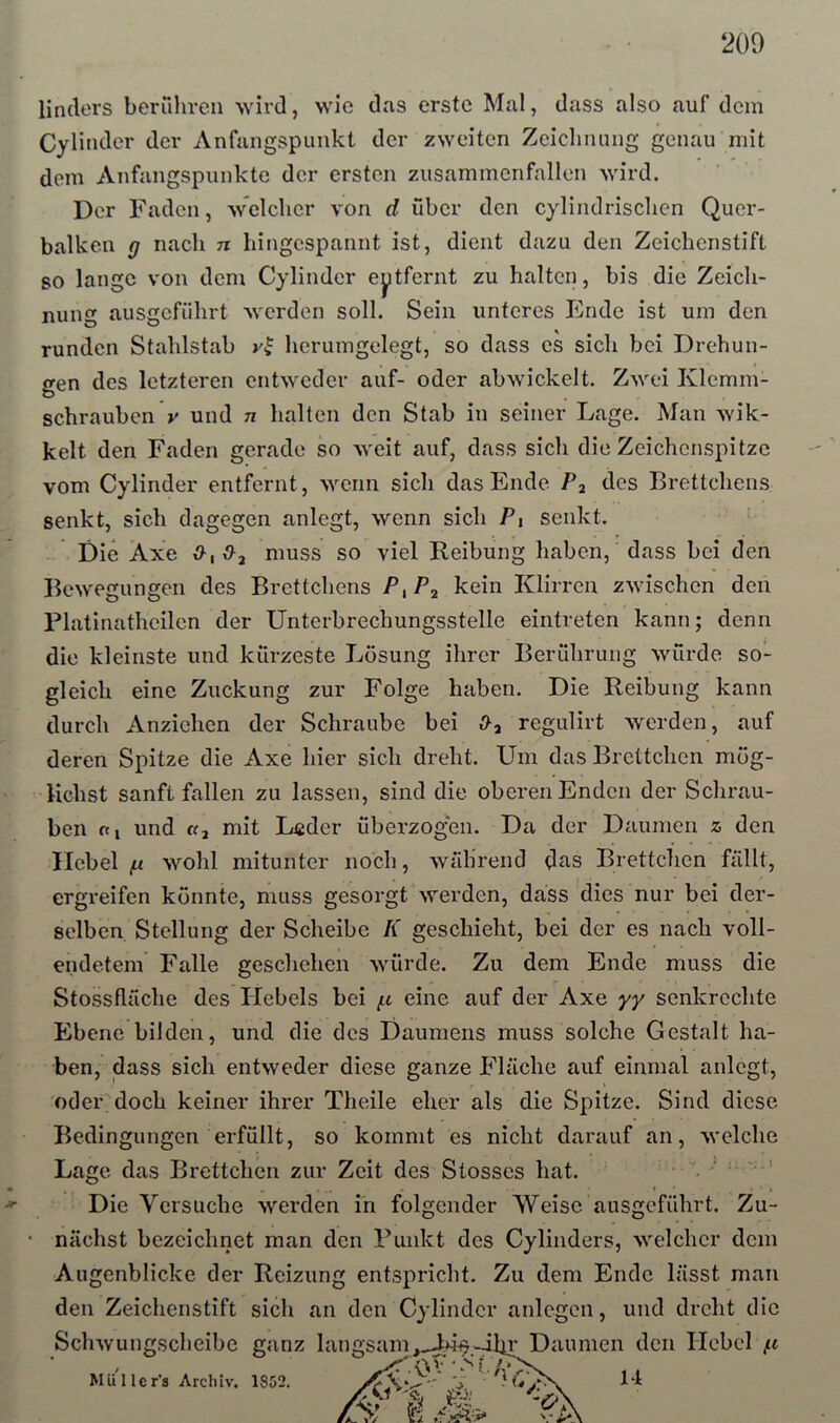 Jr lindors berüliren wird, wie das erste Mal, dass also auf dem Cylinder der Anfangspunkt der zweiten Zeiclmung genau mit dem Anfangspunkte der ersten zusammenfallon wird. Der Faden, welclier von d über den cylindrisclicn Quer- balken Q nach n hingespannt ist, dient dazu den Zeichenstift so lange von dem Cylinder eytfernt zu halten, bis die Zeich- nung ausgeführt werden soll. Sein unteres Ende ist um den runden Stahlstab herumgelegt, so dass es sich bei Drehun- o-en des letzteren entweder auf- oder abwickelt. Zwei Klemm- O schrauben v und n halten den Stab in seiner Lage. Man wik- kelt den Faden gerade so weit auf, dass sich die Zeichenspitze vom Cylinder entfernt, ^YeIm sich das Ende l\ des Brettchens senkt, sich dagegen anlegt, wenn sich Pi senkt. Die Axe muss so viel Reibung haben, dass bei den Bewegungen des Brettchens B, Ba kein Klirren zwischen den Flatinatheilcn der Unterbrechungsstelle eintreten kann; denn die kleinste und kürzeste Losung ihrer Berührung würde so- gleich eine Zuckung zur Folge haben. Die Reibung kann durch Anziehen der Schraube bei regulirt werden, auf deren Spitze die Axe hier sich dreht. Um das Brettchen mög- lichst sanft fallen zu lassen, sind die oberen Enden der Schrau- ben «I und «j mit L«der überzogen. Da der Daumen z den Hebel ^ wohl mitunter noch, wahrend d^is Brettchen fällt, ergreifen könnte, muss gesorgt werden, dass dies nur bei der- selben Stellung der Scheibe K geschieht, bei der es nach voll- endetem Falle geschehen würde. Zu dem Ende muss die Stossfläche des Hebels bei eine auf der Axe yy senkrechte Ebene bilden, und die des Daumens muss solche Gestalt ha- ben, dass sich entweder diese ganze Fläche auf einmal anlcgt, oder doch keiner ihrer Theile eher als die Spitze. Sind diese Bedingungen erfüllt, so kommt es nicht darauf an, welche Lage das Brettchen zur Zeit des Stosses hat. ■' Die Versuche werden in folgender Weise ausgeführt. Zu- nächst bezeichnet man den Funkt des Cylinders, welcher dem Augenblicke der Reizung entspricht. Zu dem Ende lässt man den Zeichenstift sich an den Cylinder anlcgen, und dreht die Schwungscheibe ganz langsamDaumen den Hebel f.i MuUcr's Archiv. 1852. 7 9 1-i