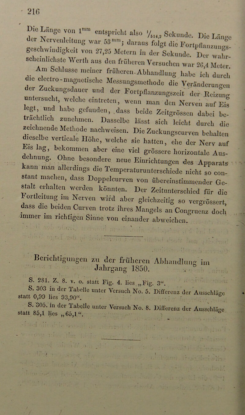 ' 2in Ü.C Lange von 1- cntsprid.l also '/„„Sekunde. Die L-in.-e -'T f‘““ '■“'8“>i«l''orlldlnn.nn.rs. gesch„,nd,gkeu von 27,25 Meten, in der Sekunde. Der wnhr- schc,nl,ch3te Werll, aus den friil.eren Versncl.en war 20,4 Meter Am Schlüsse meiner früheren.Abhandlung habe ich durch le electro-ma^gnetiscl.c Afessungsuietliode die Vcränderuniren der Zuckungadauer und der Forlpilmmungsaeit 'der Keianng untersucht welche eintreten, wenn man den Nerven auf Eit egt und h.abe gefunden, .dass beide Zeitgrössen dabei be- ti.mhtlieh zunehmon. Dasselbe lässt sich leicht durch die zmehnende Methode nachweisen. Die Zuckungscurven behalten leselbe verticale Hohe, welche sic hatten, ehe der Nerv auf IS lag, bekommen aber eine viel grössere horizontale Aus- dehnung. Ohne besondere neue Einrichtungen des Apparats ■ kann man allerdings die Tcinporatunintcrschiede nicht so con- stant machen, dass Doppelcurven von übereinstimmender Ge- stalt mhalten werden könnten. Der Zeitunterschied für die lortleitung iin Nerven wird aber gleichzeitig so vergrössert, dass die beiden Curvm trotz ihres Mangels an Congrucnz doch ammer im richtigen Sinne von einander abweichen. Bcrichtigiingcii zu der früheren Abliandliiiig im Jahrgang ISoO. S. 281. Z. 8. V. o. statt Fig. 4. lies „Fig. 3“. * 4 Vcrsucli No. 5. Diffcrciiz der Ausschlägc statt 0,99 lies 93,90“. ^ S. 30o. m der Tabelle unter Versuch No. 8. Differenz der Äusschlä^re statt 8o,l lies „65,1“. ** t