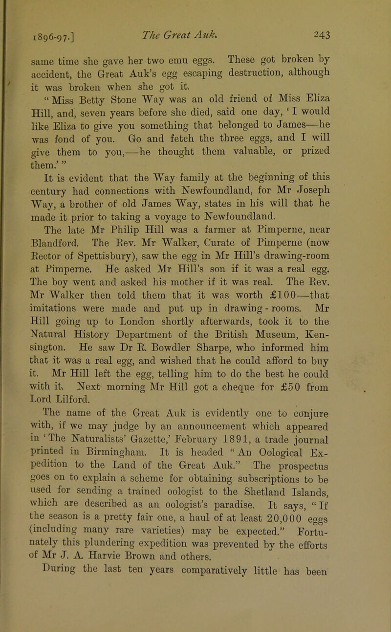 same time she gave her two emu eggs. These got broken by accident, the Great Auk’s egg escaping destruction, although it was broken when she got it. “ Miss Betty Stone Way was an old friend of Miss Eliza Hill, and, seven years before she died, said one day, ‘I would like Eliza to give you something that belonged to James—he was fond of you. Go and fetch the three eggs, and I will give them to you,—he thought them valuable, or prized them.’ ” It is evident that the Way family at the beginning of this century had connections with Newfoundland, for Mr Joseph Way, a brother of old James Way, states in his will that he made it prior to taking a voyage to Newfoundland. The late Mr Philip Hill was a farmer at Pimperne, near Blandford. The Eev. Mr Walker, Curate of Pimperne (now Eector of Spettisbury), saw the egg in Mr Hill’s drawing-room at Pimperne. He asked Mr Hill’s son if it was a real egg. The boy went and asked his mother if it was real. The Eev. Mr Walker then told them that it was worth £100—that imitations were made and put up in drawing - rooms. Mr Hill going up to London shortly afterwards, took it to the Natural History Department of the British Museum, Ken- sington. He saw Dr E. Bowdler Sharpe, who informed him that it was a real egg, and wished that he could afford to buy it. Mr Hill left the egg, telling him to do the best he could with it. Next morning Mr Hill got a cheque for £50 from Lord Lilford. The name of the Great Auk is evidently one to conjure with, if we may judge by an announcement which appeared in ‘The Naturalists’ Gazette,’ February 1891, a trade journal printed in Birmingham. It is headed “ An Oological Ex- pedition to the Land of the Great Auk.” The prospectus goes on to explain a scheme for obtaining subscriptions to be used for sending a trained oologist to the Shetland Islands, which are described as an oologist’s paradise. It says, “ If the season is a pretty fair one, a haul of at least 20,000 eggs (including many rare varieties) may be expected.” Fortu- nately this plundering expedition was prevented by the efforts of Mr J. A Harvie Brown and others. During the last ten years comparatively little has been