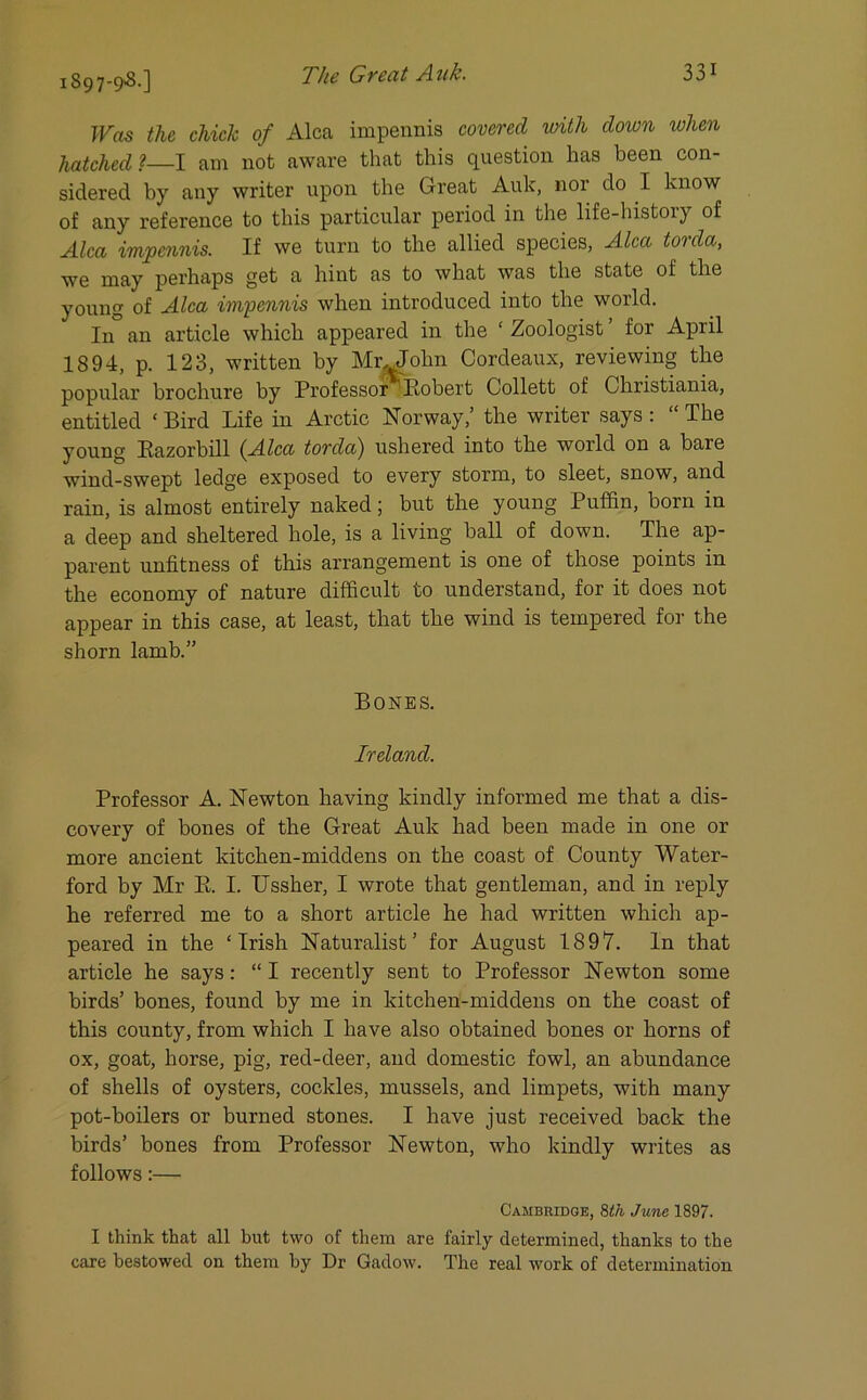 Was the chick of Alca impennis covered with down when hatched ?—I am not aware that this question has been con- sidered by any writer upon the Great Auk, nor do I know of any reference to this particular period in the life-history of Alca impennis. If we turn to the allied species, Alca torda, we may perhaps get a hint as to what was the state of the young of Alca impennis when introduced into the world. In an article which appeared in the ‘ Zoologist ’ for April 1894, p. 123, written by Mr John Cordeaux, reviewing the popular brochure by Professor Robert Collett of Christiania, entitled ‘ Bird Life in Arctic Norway,’ the writer says : “ The young Razorbill (Alca torda) ushered into the world on a bare wind-swept ledge exposed to every storm, to sleet, snow, and rain, is almost entirely naked; but the young Puffin, born in a deep and sheltered hole, is a living ball of down. The ap- parent unfitness of this arrangement is one of those points in the economy of nature difficult to understand, for it does not appear in this case, at least, that the wind is tempered for the shorn lamb.” Bones. Ireland. Professor A. Newton having kindly informed me that a dis- covery of bones of the Great Auk had been made in one or more ancient kitchen-middens on the coast of County Water- ford by Mr R. I. Ussher, I wrote that gentleman, and in reply he referred me to a short article he had written which ap- peared in the ‘Irish Naturalist’ for August 1897. In that article he says: “ I recently sent to Professor Newton some birds’ bones, found by me in kitchen-middens on the coast of this county, from which I have also obtained bones or horns of ox, goat, horse, pig, red-deer, and domestic fowl, an abundance of shells of oysters, cockles, mussels, and limpets, with many pot-boilers or burned stones. I have just received back the birds’ bones from Professor Newton, who kindly writes as follows:— Cambridge, 8th June 1897. I think that all hut two of them are fairly determined, thanks to the care bestowed on them by Dr Gadow. The real work of determination