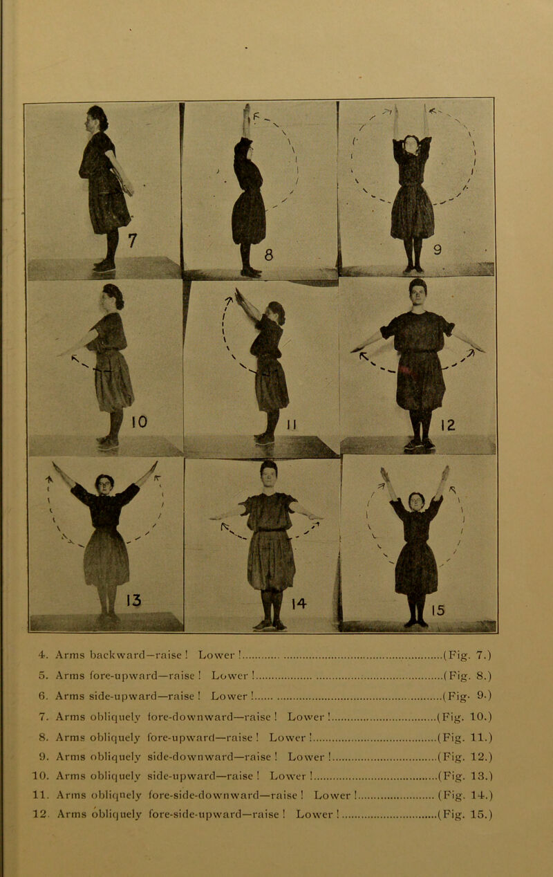 4. Arms backward—raise ! Lower ! (Fig- 5. Arms fore-upward—raise! Lower! (Fig. 8.) 6. Arms side-upward—raise ! Lower ! (Fig- 9-) 7. Arms obliquely lore-downward—raise! Lower! (Fig. 10.) 8. Arms obliquely fore-upward—raise ! Lower ! (Fig. 11.) 9. Arms obliquely side-downward—raise! Lower! (Fig. 12.) 10. Arms obliquely side-upward—raise ! Lower ! (Fig. 13.) 11. Arms obliquely fore-side-downward—raise! Lower! (Fig. 14.) 12. Arms obliquely fore-side-upward—raise ! Lower! (Fig. 15.)