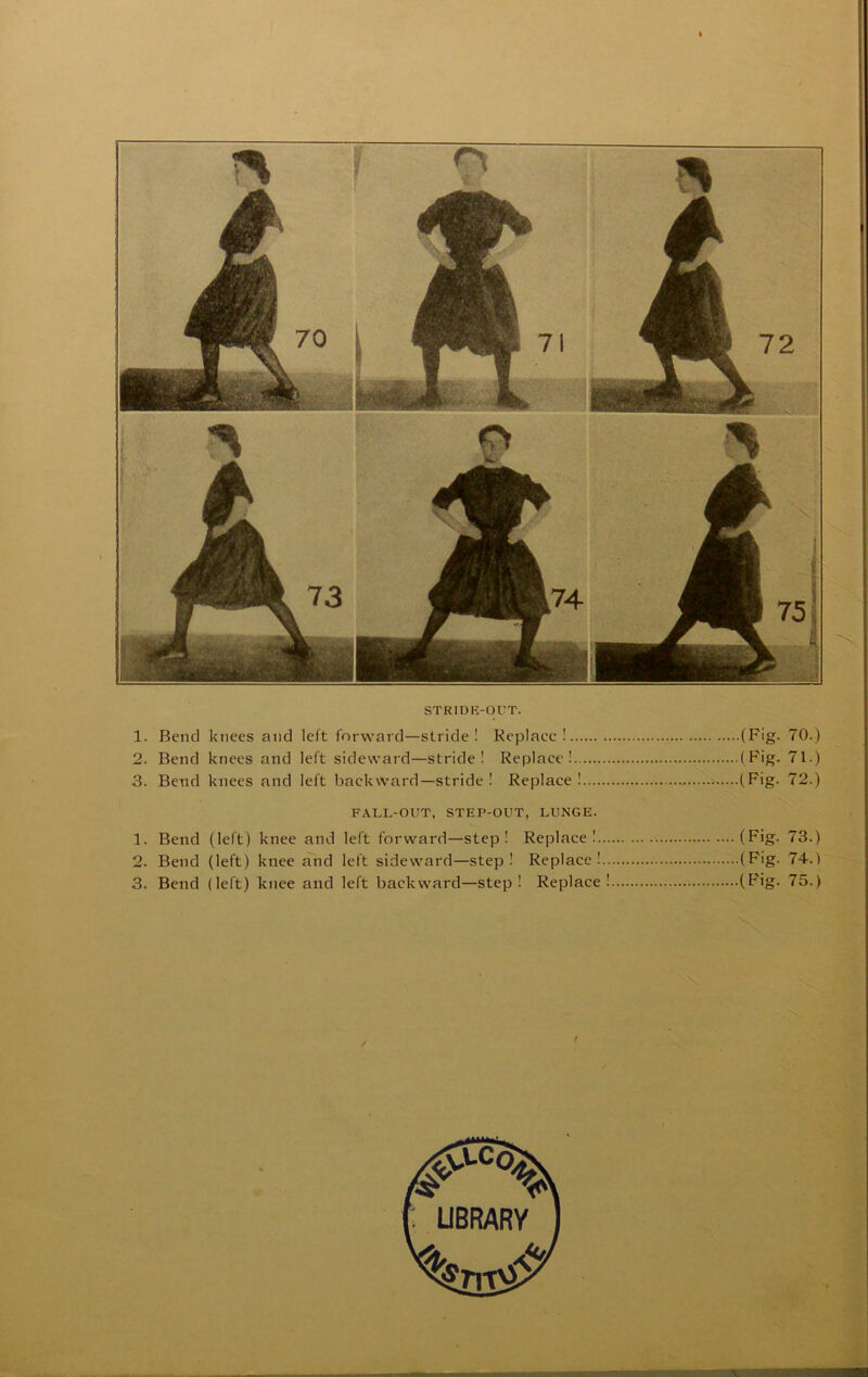 STRIDK-OUT. 1. Bend knees and left forward—stride ! Replace! (Fig- 70.) 2. Bend knees and left sideward—stride! Replace! (Fig. 71.) 3. Bend knees and left baekward—stride ! Replace! .^....(Fig. 72.) FALL-OUT, STEP-OUT, LUNGE. 1. Bend (left) knee and left forward—step! Replace! (Fig. 73.) 2. Bend (left) knee and left sideward—step! Replace! (Fig. 74.) 3. Bend (left) knee and left backward—step ! Replace ! (Fig. 75.)