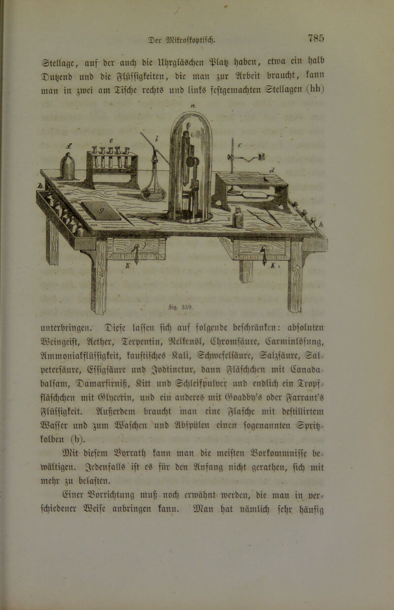 'Stellage, auf ber and) bie U^rglä8d)en ißla^ Ifabcit, etwa eilt l)alb Xmpenb itnb bie fyliiffigfeitctt, bie matt jur Arbeit braucht, fann mau in jmei am SEtfdfe red)t« uitb Unf$ fcftgemadften Stellagen (hh) unterbvingeu. ©tefe taffen fid) auf folgcnbc befdiränfen: abfoluten Vkiugcift, ?letf)er, Serpentin, s)iclfcnöl, (S^romfäure, (Sarininföfung, Stmmoitiafflüffigfeit, faitftifdfcS &ali, Sdfmcfclfäurc, Salftfäurc, Sal peterfäure, (Sfftgfäure itttb ^obtinctur, bann fyläfd)dfen mit (ianaba balfam, ©amarfirnifi, S'itt unb Sdfleifpitlocr uub eitblid) ein STropf- fläfd)d)cn mit ÖHpcerin, uitb ein anbereS mit @oabbt)’g ober garrant’S $litffigfcit. 9(itficrbcm braucht man eine glafdje mit beftiltirtcm 3Baffer unb $itm äStafdfcn unb Ülbfpnlett einen fogenannten Sprifj* folbcit (b). 9Q?tt biefent Sßnornatt) fann man bie meiften Vorfonttnitiffe be- wältigen. ^ebenfalls ift cS für ben Anfang nidft gerätsen, fiep mit mehr ju belaften. (Silier Vorrichtung muff uod) ermähnt werben, bie man itt per* fdfiebener SBcifc anbringen fann. 3Jtan hat nämlich fchr häufig