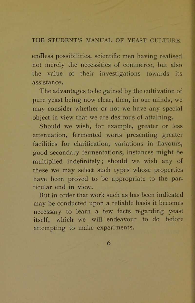 endle.ss possibilities, scientific men having realised not merely the necessities of commerce, but also the value of their investigations towards its assistance. The advantages to be gained by the cultivation of pure yeast being now clear, then, in our minds, we may consider whether or not we have any special object in view that we are desirous of attaining. Should we wish, for example, greater or less attenuation, fermented worts presenting greater facilities for clarification, variations in flavours, good secondary fermentations, instances might be multiplied indefinitely; should we wish any of these we may select such types whose properties have been proved to be appropriate to the par- ticular end in view. But in order that work such as has been indicated may be conducted upon a reliable basis it becomes necessary to learn a few facts regarding yeast itself, which we will endeavour to do before attempting to make experiments.