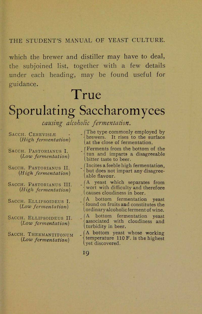 which the brewer and distiller may have to deal, the subjoined list, together with a few details under each heading, may be found useful for guidance. True Sporulating Saccharomyces causing alcoholic fermentation. SACCH. CEREVISiaL {High fermentation) Sacch. Pastorianus I. {Low fermentation) Sacch. Pastorianus II. {High fermentation) Sacch. Pastorianus III. {High fermentation) Sacch. Ellipsoideus I. {Low fermentation) Sacch. Ellipsoideus II. {Low fermentation) Sacch. Thermantitonum {Low fermentation) fThe type commonly employed by j brewers. It rises to the surface (at the close of fermentation. [ Ferments from the bottom of the i tun and imparts a disagreeable (bitter taste to beer. [Incites a feeble high fermentation, j but does not impart any disagree- (able flavour. A yeast which separates from - wort with difficulty and therefore causes cloudiness in beer. (A bottom fermentation yeast j found on fruits and constitutes the (ordinary alcoholic ferment of wine. IA bottom fermentation yeast j associated with cloudiness and (turbidity in beer. A bottom yeast whose working temperature 110 F. is the highest yet discovered.