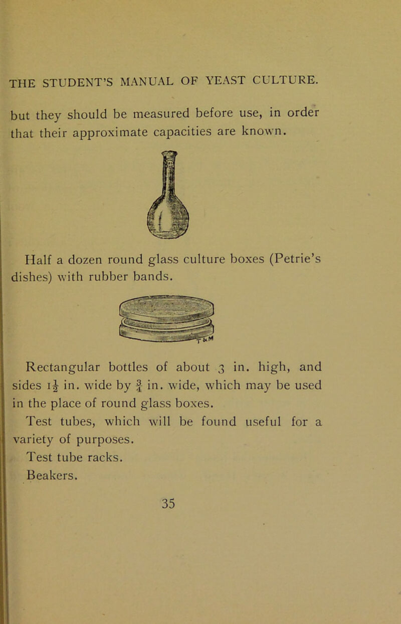 but they should be measured before use, in order that their approximate capacities are known. Half a dozen round glass culture boxes (Petrie’s dishes) with rubber bands. Rectangular bottles of about 3 in. high, and sides in. wide by f in. wide, which may be used in the place of round glass boxes. Test tubes, which will be found useful for a variety of purposes. Test tube racks. Beakers.