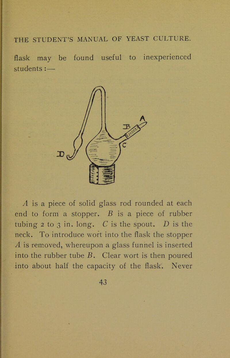 flask may be found useful to inexperienced students : — /I is a piece of solid glass rod rounded at each end to form a stopper. B is a. piece of rubber tubing 2 to 3 in. long. C is the spout. D is the neck. To introduce wort into the flask the stopper A is rem.oved, whereupon a glass funnel is inserted into the rubber tube B. Clear wort is then poured into about half the capacity of the flask. Never