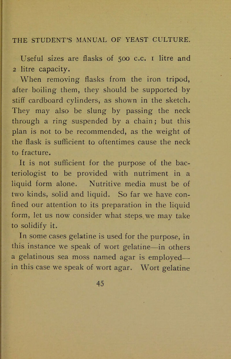 Useful sizes are flasks of 500 c.c. i litre and 2 litre capacity. When removing flasks from the iron tripod, after boiling them, they should be supported by stiff cardboard cylinders, as shown in the sketch. They may also be slung by passing the neck through a ring suspended by a chain; but this plan is not to be recommended, as the weight of the flask is sufficient to oftentimes cause the neck to fracture. It is not sufficient for the purpose of the bac- teriologist to be provided with nutriment in a liquid form alone. Nutritive media must be of two kinds, solid and liquid. So far we have con- fined our attention to its preparation in the liquid form, let us now consider what steps, we may take to solidify it. In some cases gelatine is used for the purpose, in this instance we speak of wort gelatine—in others a gelatinous sea moss named agar is employed— in this case we speak of wort agar. Wort gelatine