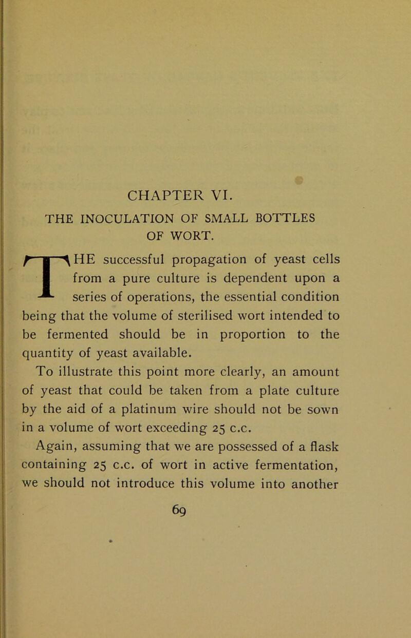 CHAPTER VI. THE INOCULATION OF SMALL BOTTLES OF WORT. HE successful propagation of yeast cells from a pure culture is dependent upon a series of operations, the essential condition being that the volume of sterilised wort intended to be fermented should be in proportion to the quantity of yeast available. To illustrate this point more clearly, an amount of yeast that could be taken from a plate culture by the aid of a platinum wire should not be sown in a volume of wort exceeding 25 c.c. Again, assuming that we are possessed of a flask containing 25 c.c. of wort in active fermentation, we should not introduce this volume into another