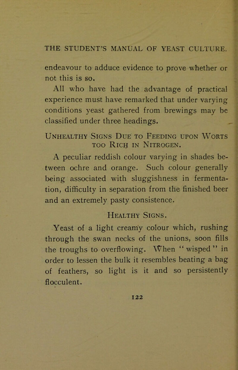 endeavour to adduce evidence to prove whether or not this is so. All who have had the advantage of practical experience must have remarked that under varying conditions yeast gathered from brewings may be classified under three headings. Unhealthy Signs Due to Feeding upon Worts TOO Rich in Nitrogen. A peculiar reddish colour varying in shades be- tween ochre and orange. Such colour generally being associated with sluggishness in fermenta- tion, difficulty in separation from the finished beer and an extremely pasty consistence. Healthy Signs. Yeast of a light creamy colour which, rushing through the swan necks of the unions, soon fills the troughs to overflowing. When “ wisped ” in order to lessen the bulk it resembles beating a bag of feathers, so light is it and so persistently flocculent.