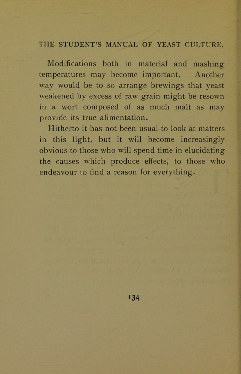 Modifications both in material and mashing temperatures may become important. Another way would be to so arrange brewings that yeast weakened by excess of raw' grain might be resown in a w'ort composed of as much malt as may provide its true alimentation. Hitherto it has not been usual to look at matters in this light, but it will become increasingly obvious to those who will spend time in elucidating the causes which produce effects, to those who endeavour to find a reason for everything. «34