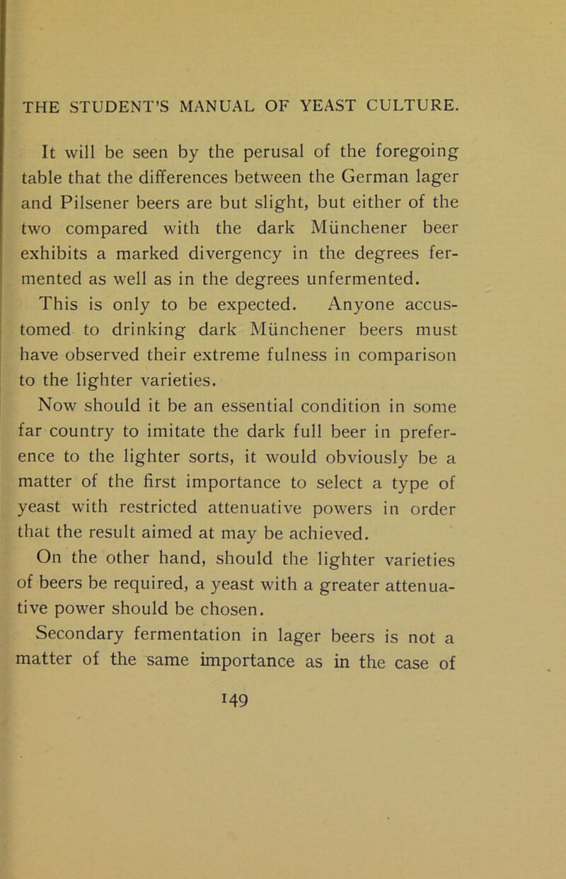 It will be seen by the perusal of the foregoing table that the differences between the German lager and Pilsener beers are but slight, but either of the two compared with the dark Miinchener beer exhibits a marked divergency in the degrees fer- mented as well as in the degrees unfermented. This is only to be expected. Anyone accus- tomed to drinking dark Miinchener beers must have observed their extreme fulness in comparison to the lighter varieties. Now should it be an essential condition in some far country to imitate the dark full beer in prefer- ence to the lighter sorts, it would obviously be a matter of the first importance to select a type of yeast with restricted attenuative powers in order that the result aimed at may be achieved. On the other hand, should the lighter varieties of beers be required, a yeast with a greater attenua- tive power should be chosen. Secondary fermentation in lager beers is not a matter of the same importance as in the case of