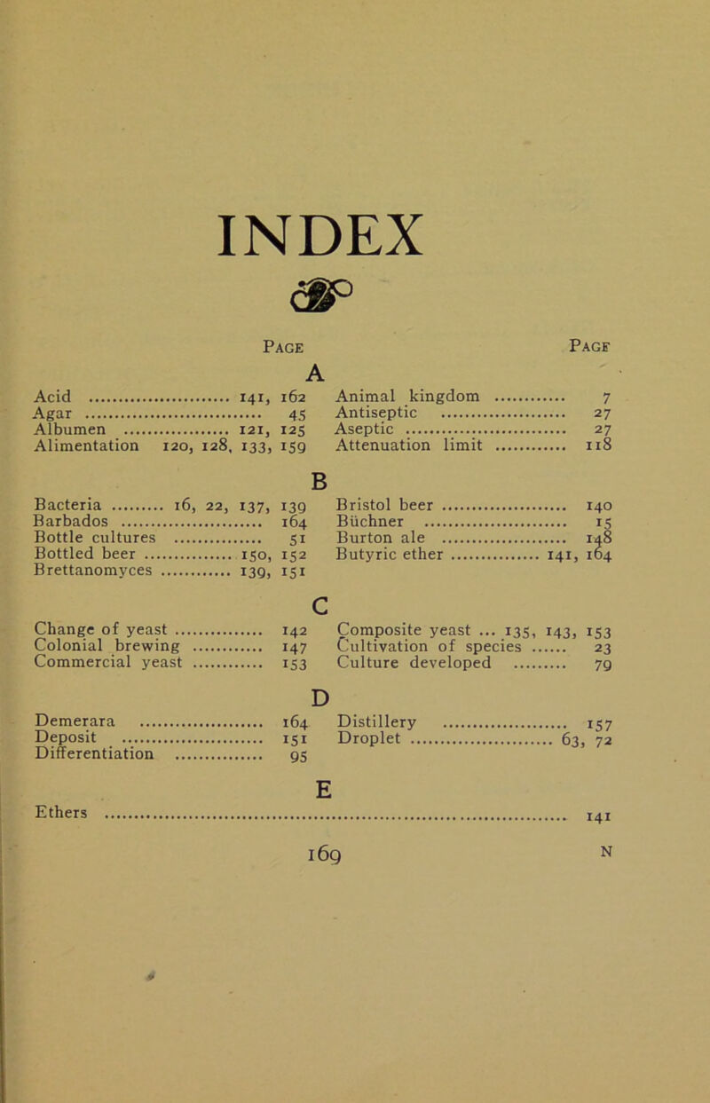 INDEX Page A Acid 141, 162 Agar 45 Albumen 121, 125 Alimentation 120, 128, 133, 159 B Bacteria 16, 22, 137, 139 Barbados 164 Bottle cultures 51 Bottled beer 150, 152 Brettanomyces 139, 151 c Change of yeast 142 Colonial brewing 147 Commercial yeast rs3 D Demerara 164 Deposit 151 Differentiation 95 E Ethers Page Animal kingdom 7 Antiseptic 27 Aseptic 27 Attenuation limit 118 Bristol beer 140 Buchner 15 Burton ale 148 Butyric ether 141, 164 Composite yeast ... 135, t43, r Cultivation of species Culture developed 53 23 79 Distillery rS7 Droplet 63, 72 141