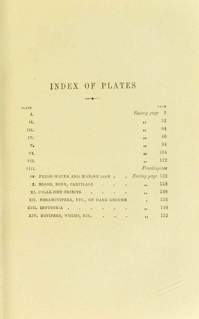 INDEX OF PLATES —♦-— rtjATP* I. PA'J K Facing page 2 XI. 99 f>2 III. 99 64 IV. ft SO V. l> 94 VI. If 104 VII. 99 112 VIII. Frontispiece IX. FRESH-WATER AND MARINI! LIFE . • Facing jiagc 132 X. BLOOD, BONE, CARTILAGE • i» 123 XI. POLAR ISED OBJECTS • 160 XII. FORAMINIFERA, ETC., ON DARK GROUND • 156 XIII. INFUSORIA • ft 140 XIV. ROTIFERS, WORMS, ETC. ( 9 9 152