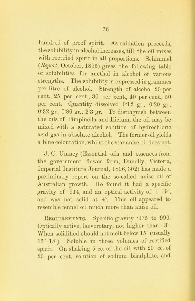 hundred of proof spirit. As oxidation proceeds, the solubility in alcohol increases, till the oil mixes with rectified spirit in all proportions. Schimmel {Re])(y)'t, October, 1895) gives the following table of solubilities for anethol in alcohol of various strengths. The solubility is expressed in grammes per litre of alcohol. Strength of alcohol 20 per cent., 25 per cent., 30 per cent., 40 per cent., 50 per cent. Quantity dissolved 0T2 gr,, 0'20 gr., 0’32 gr., 0'86 gr., 2’3 gr. To distinguish between the oils of Pimpinella and Ilicium, the oil may be mixed with a saturated solution of hydrochloric acid gas in absolute alcohol. The former oil yields a blue colouration, whilst the star anise oil does not. J. C. Umney (Essential oils and essences from the government flower farm, Dunolly, Victoria, Imperial Institute Journal, 1896,302j has made a preliminary report on the so-called anise oil of Australian growth. He found it had a specific gravity of ’914, and an optical activity of -f- 19°, and was not solid at 4°. This oil appeared to resemble fennel oil much more than anise oil. Requirements. Specific gravity '975 to •990. Optically active, laevorotary, not higher than -3°. When solidified should not melt below 15° (usually 15°-18°). Soluble in three volumes of rectified spirit. On shaking 5 cc. of the oil, with 20 cc. of 25 per cent, solution of sodium bisulphite, and