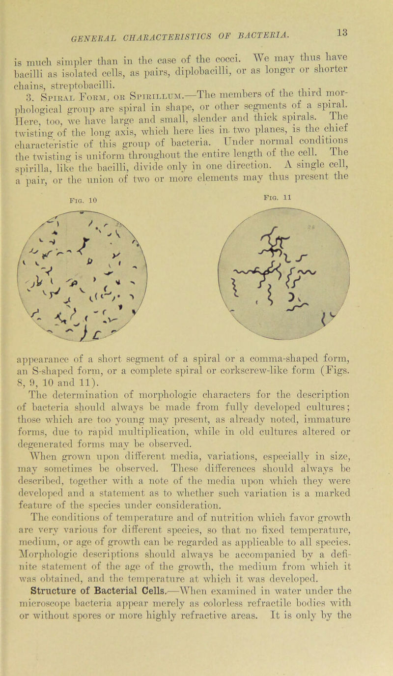 is mucli simpler than in the ease of the cocci. We may thus have bacilli as isolated cells, as pairs, diplohacilli, or as longer or shorter chains, strcptohacilli. 3. Spiral Form, or Spirillum.—The members of the third mor- phoiogical gronp are spiral in shape, or other segments of a spiral. Here,' too, we have large and small, slender and thick spirals, ihe twisting of the long axis, which here lies in. two planes, is the chief characteristic of this gronp of bacteria. ^ Under normal conditions the twisting is nniform thronghont the entire length of the cell, ihe spirilla, like the bacilli, divide only in one direction. A single cell, a pair, or tbe union of two or more elements may thus present the Fig. 10 Fig. 11 appearance of a short segment of a spiral or a comma-shaped form, an S-shaped form, or a complete spiral or corkscrew-like form (Figs. 8, 9, 10 and 11). The determination of morphologic characters for the description of bacteria should always be made from fully developed cultures; those which are too young may present, as already noted, immature forms, due to ra]iid multiplication, while in old cultures altered or degenerated forms may be observed. When gi’own upon different media, variations, especially in size, may sometimes be observed. Tliese differences sbould always be described, together with a note of the media upon ivhich they were develoyied and a statement as to whether such variation is a marked feature of the species under consideration. The conditions of temiierature and of nutrition which favor growth are very various for different species, so that no fixed temperature, medium, or age of growth can be regarded as a]>plicable to all species. !Mor])hologic descriptions should always be accompanied by a defi- nite statement of the age of the growth, the medinm from which it was obtained, and the tem])crature at which it was developed. Structure of Bacterial Cells.—When examined in water under the microsco])o bacteria ap]>ear merely as colorless refractile bodies with or without spores or more highly refractive areas. It is only by the