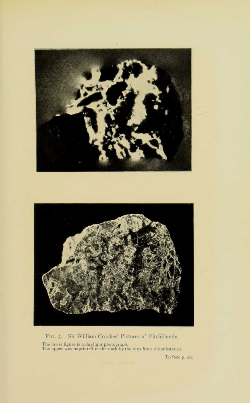 3. Sir Williani Crookes’ Pictures of Pitchblende. The lower figure is a daylight photograph. The upper was imprinted in the dark liy the rays from the substance. To face p. 20.