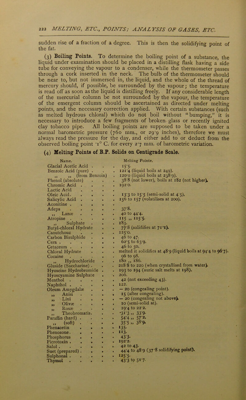 sudden rise of a fraction of a degree. This is then the solidifying point of the fat. (3) Boiling Points. To determine the boiling point of a substance, the liquid under examination should be placed in a distilling flask having a side tube for conveying the vapour to a condenser, while the thermometer passes through a cork inserted in the neck. The bulb of the thermometer should be near to, but not immersed in, the liquid, and the whole of the thread of mercury should, if possible, be surrounded by the vapour; the temperature is read off as soon as the liquid is distilling freely. If any considerable length of the mercurial column be not surrounded by the vapour, the temperature of the emergent column should be ascertained as directed under melting points, and the necessary correction applied. With certain substances (such as melted hydrous chloral) which do not boil without “bumping,” it is necessary to introduce a few fragments of broken glass or recently ignited clay tobacco pipe. All boiling points are supposed to be taken under a normal barometric pressure (760 mm., or 29-9 inches), therefore we must always read the pressure for the day, and either add to or deduct from the observed boiling point ’1° C. for every 27 mm. of barometric variation. (4) Melting Points of B.P. Solids on Centigrade Scale. Name. Glacial Acetic Acid . Benzoic Acid (pure) . ,, ,, (from Benzoin) Phenol (absolute) Chromic Acid . . Lactic Acid Oleic Acid. Salicylic Acid . Aconitine .... Adeps .... ,, Lanre Atropine .... ,, Sulphate . . Butyl-chloral Hydrate Caoutchouc Carbon Bisulphide . . Cera Cetaceum .... Chloral Hydrate Cocaine .... ,, Hydrochloride Gluside (Saccharine) . Hyoscine Hydrobromide . Hyoscyamine Sulphate . Menthol .... Naphthol .... Oleum Amygdalse ,, Anisi ,, Lini . . . ,, Olivse ,, Rosse ,, Theobromatis. Paraffin (hard) . „ (soft) . Phenacetin . • • Phenozone.... Phosphorus Picrotoxin .... Salol Suet (prepared). . . Sulphonal . ... • Thymol .... Melting Points. xS'S- 121-4 (liquid boils at 249). I20'0 (liquid boils at 238-9). 38 8 (not lower), boils at 182 (not higher). 1920. I3‘3 to 15-5 (semi-solid at 4 5). 156 to 157 (volatilises at 200). 37‘8. 40 to 44'4. 115 „ IIS’S- 183. 77-8 (solidifies at 71*1). 125-0. 46 to 47. 62-5 to 63-9. 46 to 50. melted it solidifies at 48-9 (liquid boils at 94-4 to 96-7). 96 to 98. 180 ,, 186. 218 8 to 220 (when crystallised from water). 193 to 194 (auric salt melts at 198). 206. 42 (not exceeding 43). 122. — 20 (congealing point). 15 (after congealing). — 20 (congealing not above). 10 (semi-solid at). 19-4 to 22-2. ’3r3 >> 33'9- 54'4 » S7’2. 35'5 >, 38-9- <35- ii3- 433- 192-2. 42 to 43. 44-4 to 48 9 (37 -8 solidifying point). I25-5- 43-3 tp 5*7-