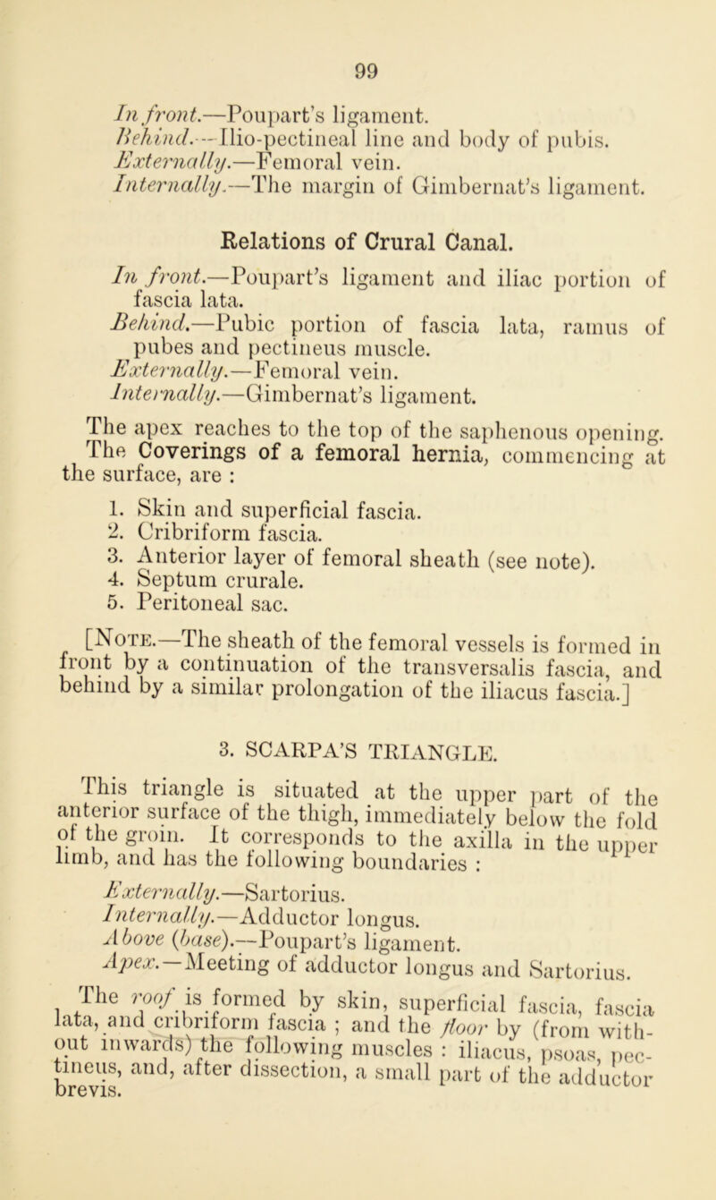 In front.—Poupart’s ligament. />V/hW.---Ilio-pectineai line and body of pubis. Externally.—Femoral vein. Internally.—The margin of Gimbernat’s ligament. Relations of Crural Canal. In front.—Poupart’s ligament and iliac portion of fascia lata. Behind.—Pubic portion of fascia lata, ramus of pubes and pectineus muscle. Externally.—Femoral vein. Internally.—Gimbernat’s ligament. The apex reaches to the top of the saphenous opening. The Coverings of a femoral hernia, commencing at the surface, are : 1. Skin and superficial fascia. 2. Cribriform fascia. 3. Anterior layer of femoral sheath (see note). 4. Septum crurale. 5. Peritoneal sac. [Note.— The sheath of the femoral vessels is formed in front by a continuation of the transversalis fascia, and behind by a similar prolongation of the iliacus fascia.] 3. SCARPA’S TRIANGLE. This triangle is situated at the upper part of the anterior surface of the thigh, immediately below the fold oi the groin. It corresponds to the axilla m the upper limb, and has the following boundaries : I xternally.—Sartorius. Internally.—Adductor longus. Above {base).—Poupart’s ligament. Ape#.—Meeting of adductor longus and Sartorius Hie i oof is formed by skin, superficial fascia, fascia lata, and cribriform fascia ; and the floor by (from with- out inwards) the following muscles : iliacus, psoas, pec- brevis’ afteF dlssectlon’ a sma^ part of the adductor